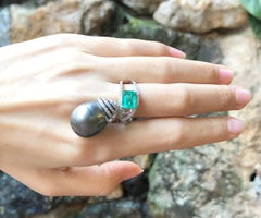 South Sea Pearl, Emerald with Diamond Ring Set in 18 Karat White Gold Settings