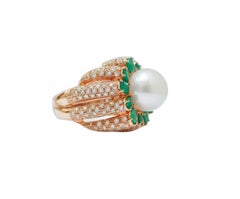 South-Sea Pearl, Emeralds, Diamonds, 14 Karat Rose Gold Ring.