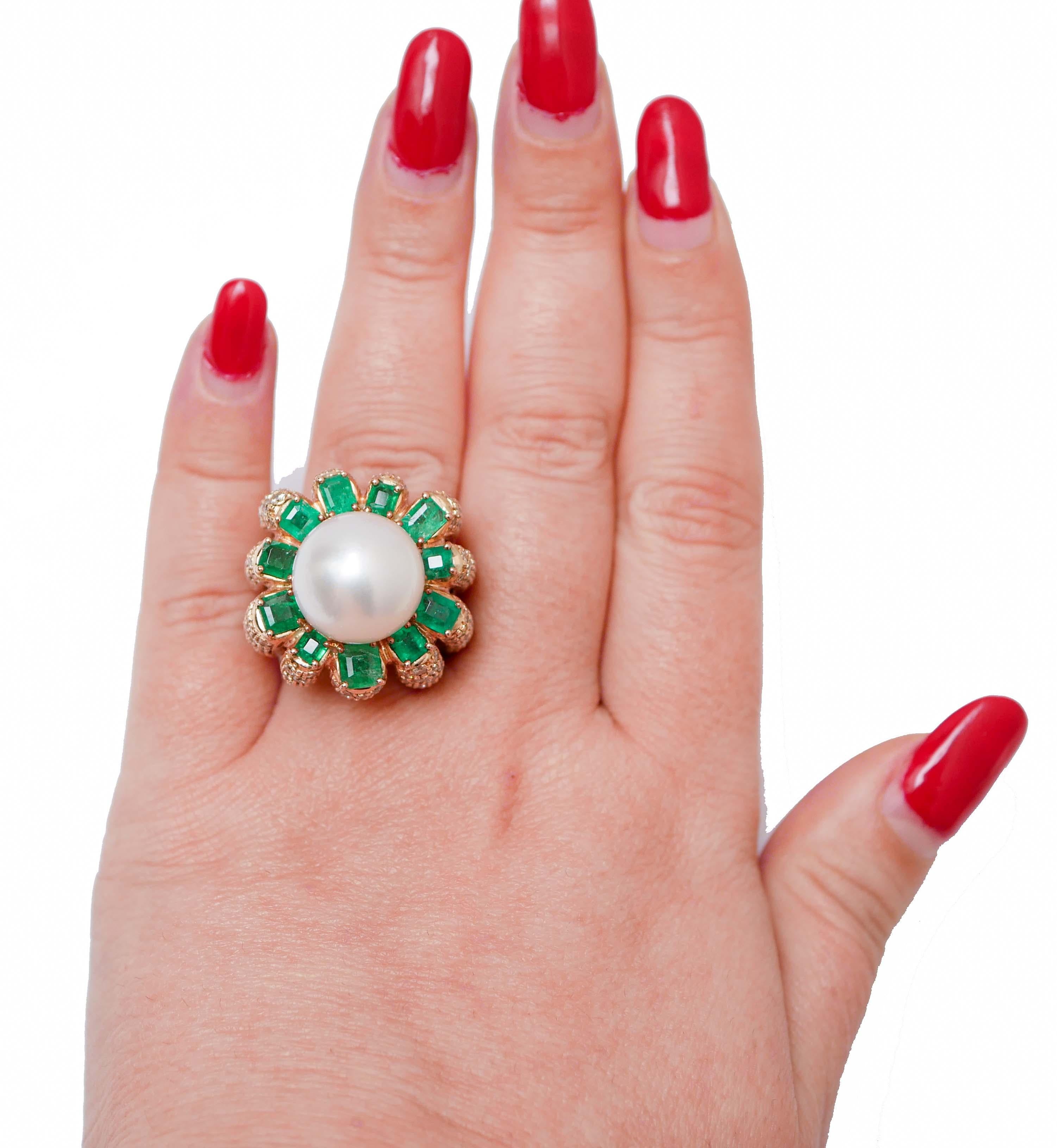 Mixed Cut South-Sea Pearl, Emeralds, Diamonds, 14 Karat Rose Gold Ring. For Sale