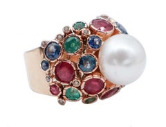 South-Sea Pearl, Emeralds, Sapphires, Rubies, Diamonds, 14 Karat Rose Gold Ring