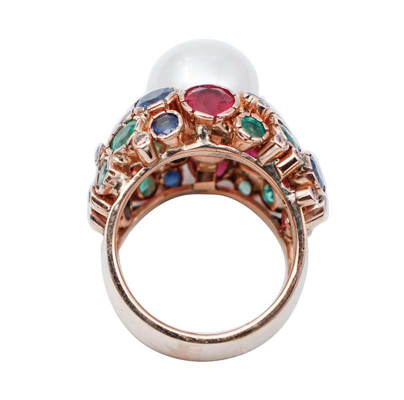 Retro South-Sea Pearl, Emeralds, Sapphires, Rubies, Diamonds, 14 Karat Rose Gold Ring For Sale