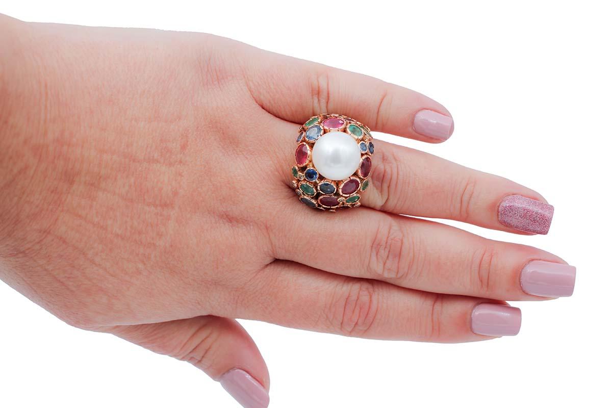 Mixed Cut South-Sea Pearl, Emeralds, Sapphires, Rubies, Diamonds, 14 Karat Rose Gold Ring For Sale