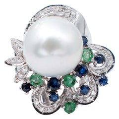 South-Sea Pearl, Emerlads, Sapphires, Diamonds, 14 Karat White Gold Ring