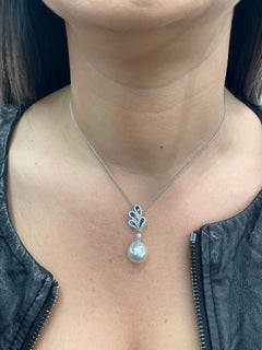 South Sea Pearl Floral Sapphire Diamond Pendant 0.80 Carats 18K