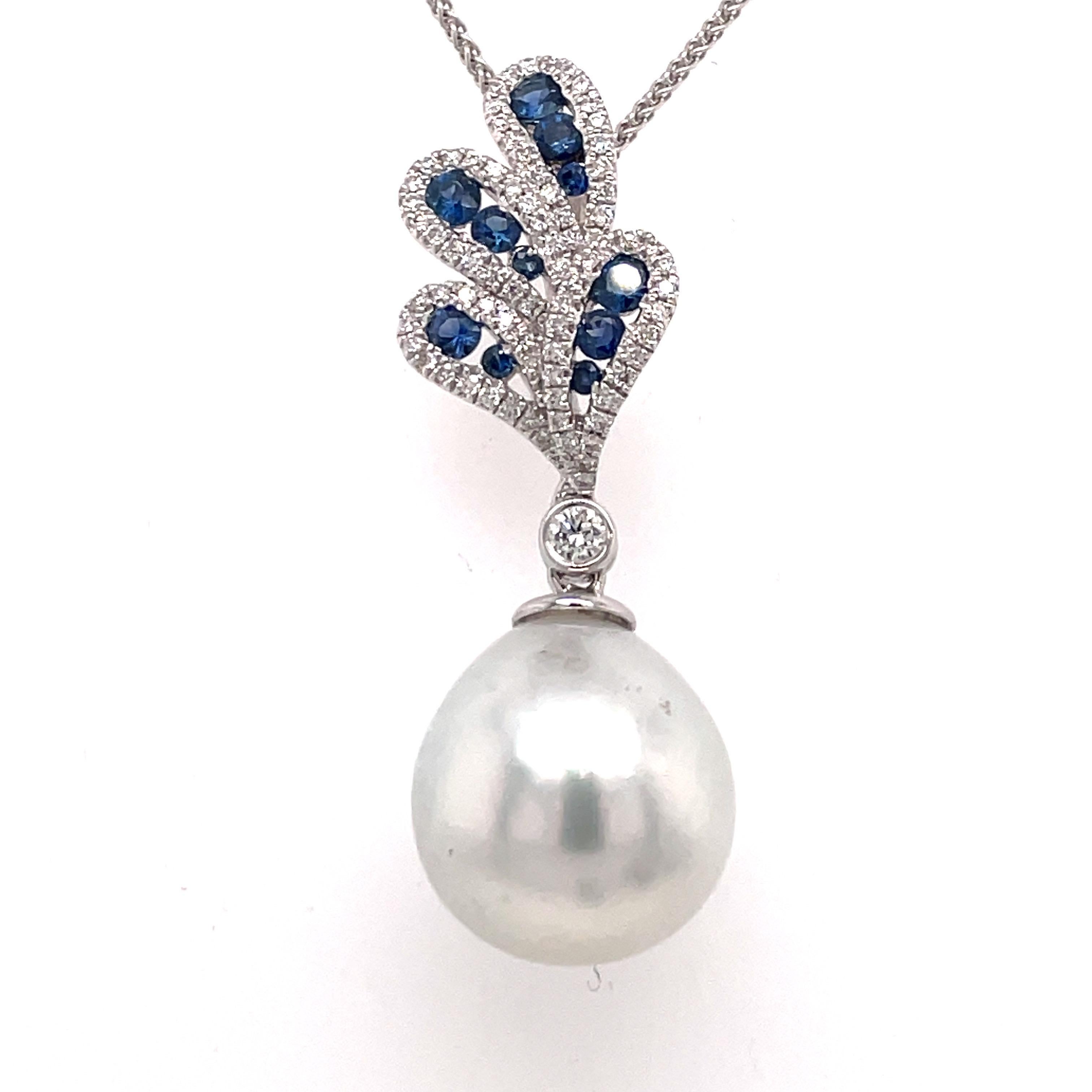 Contemporary South Sea Pearl Floral Sapphire Diamond Pendant 0.80 Carats 18K For Sale