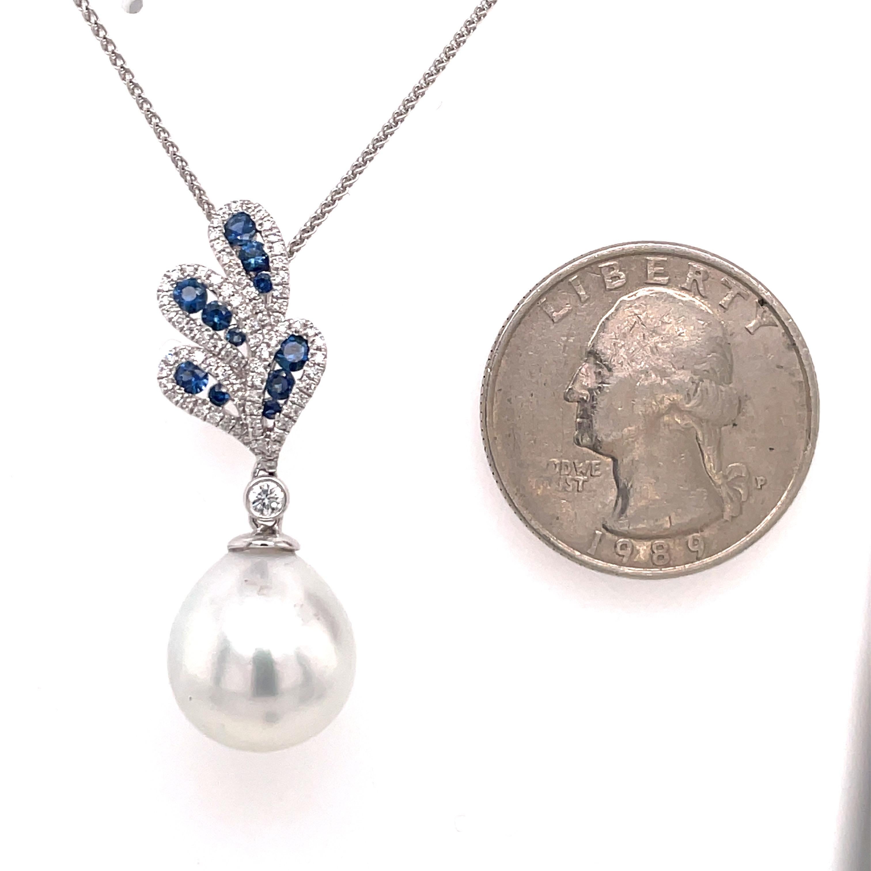 Round Cut South Sea Pearl Floral Sapphire Diamond Pendant 0.80 Carats 18K For Sale