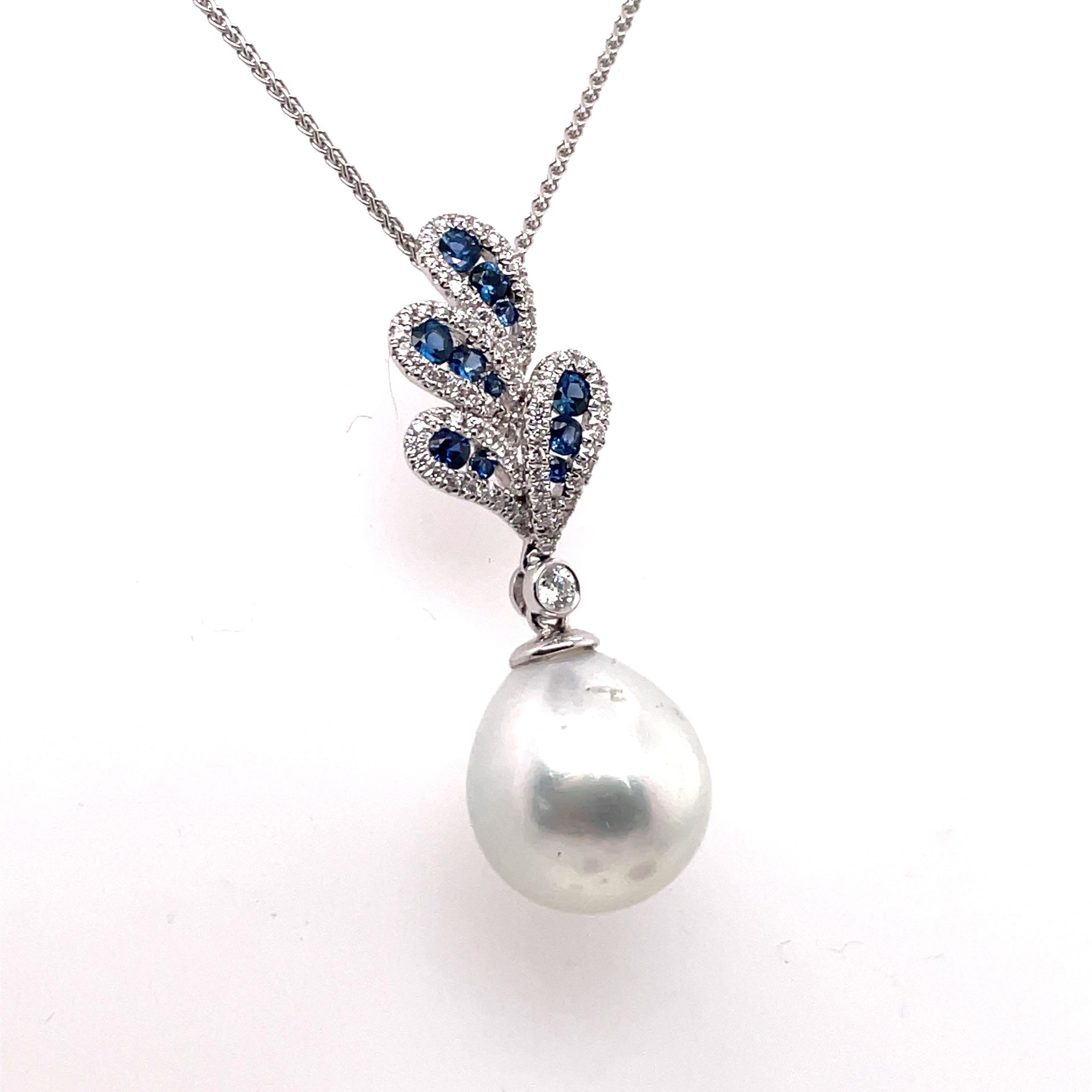 South Sea Pearl Floral Sapphire Diamond Pendant 0.80 Carats 18K In New Condition For Sale In New York, NY