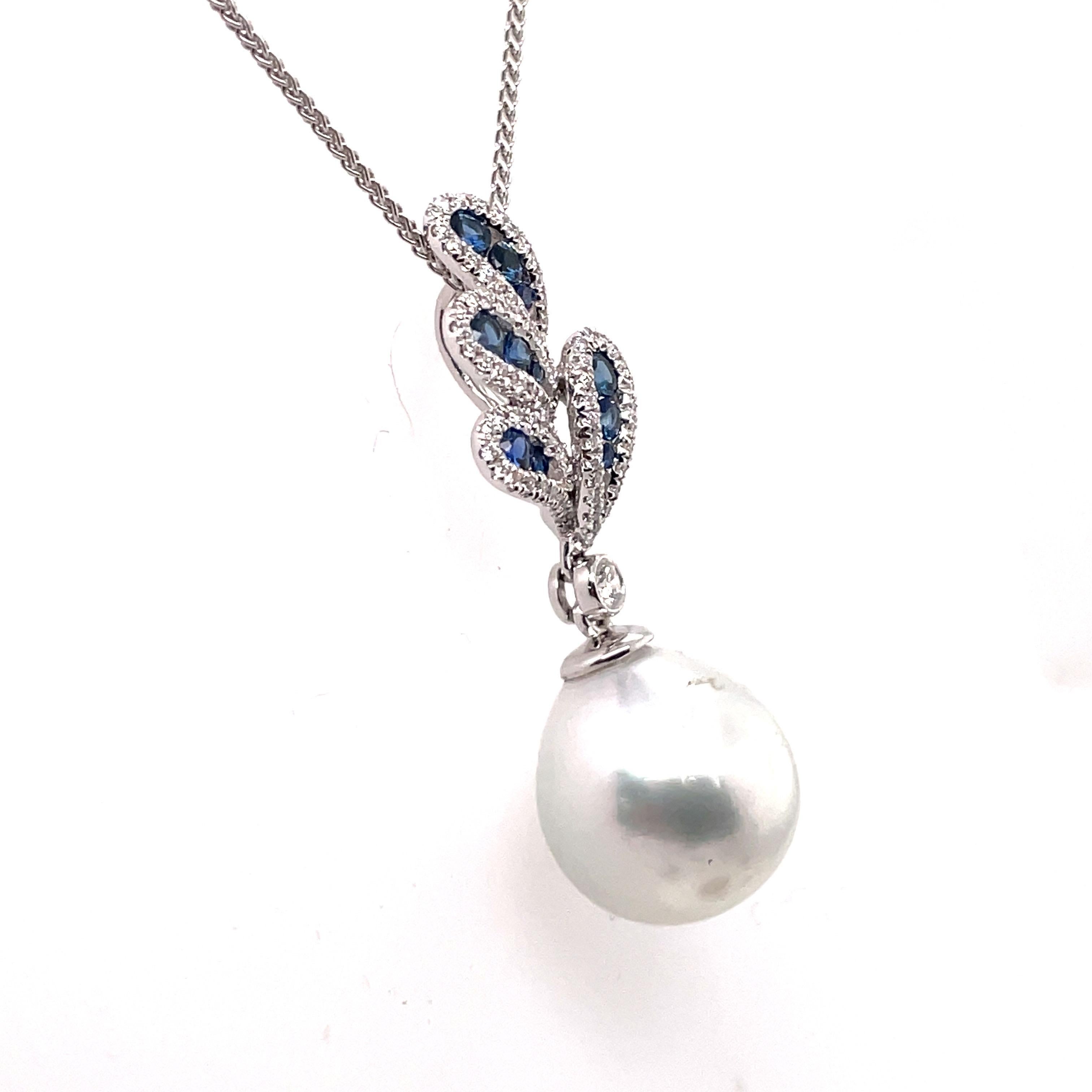 Women's South Sea Pearl Floral Sapphire Diamond Pendant 0.80 Carats 18K For Sale