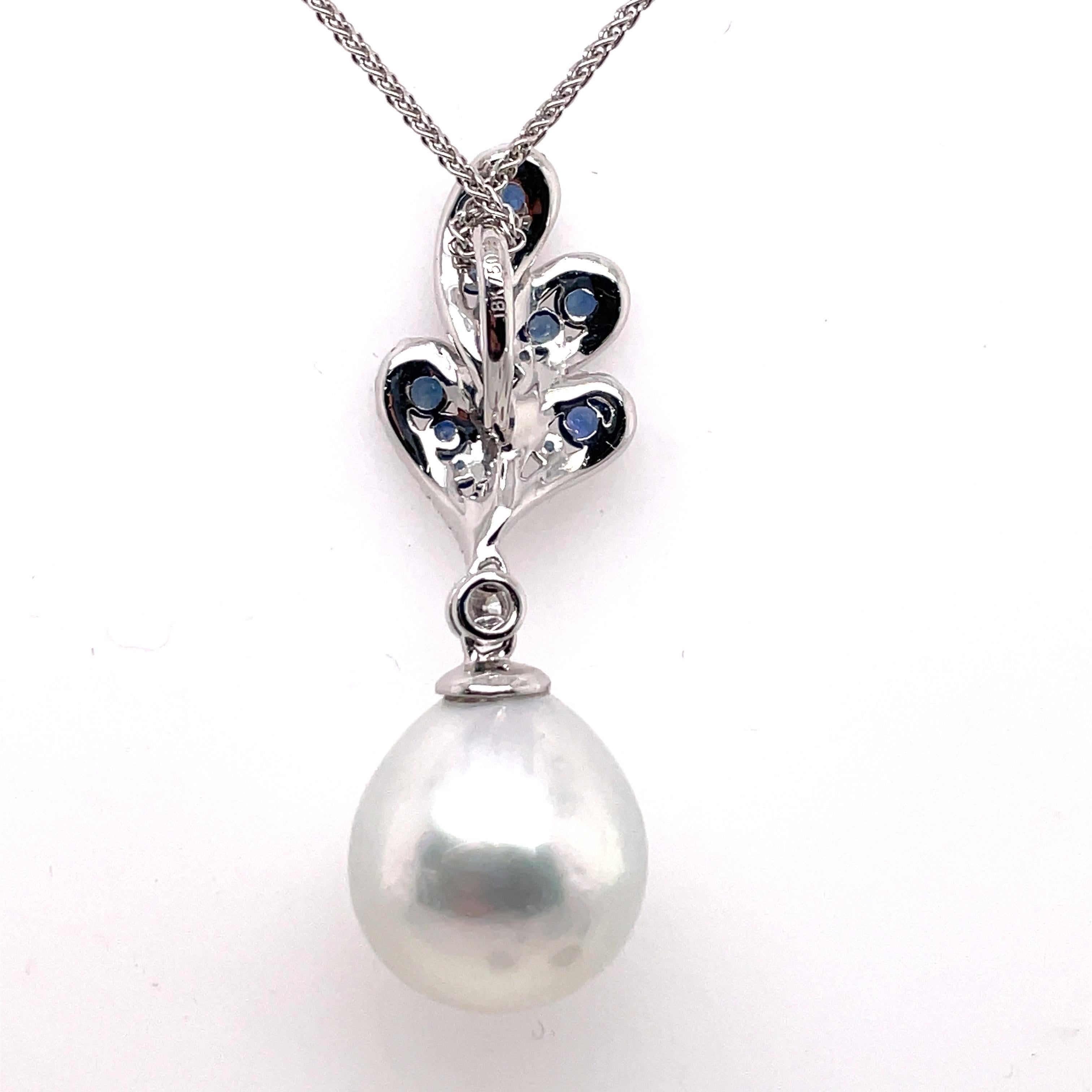 South Sea Pearl Floral Sapphire Diamond Pendant 0.80 Carats 18K For Sale 2