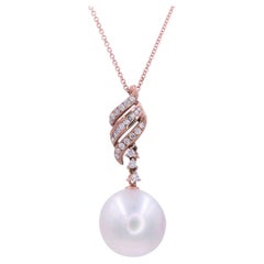 Round White South Sea Pearl Pave Diamond 14K Rose Gold Pendant Spiral Necklace