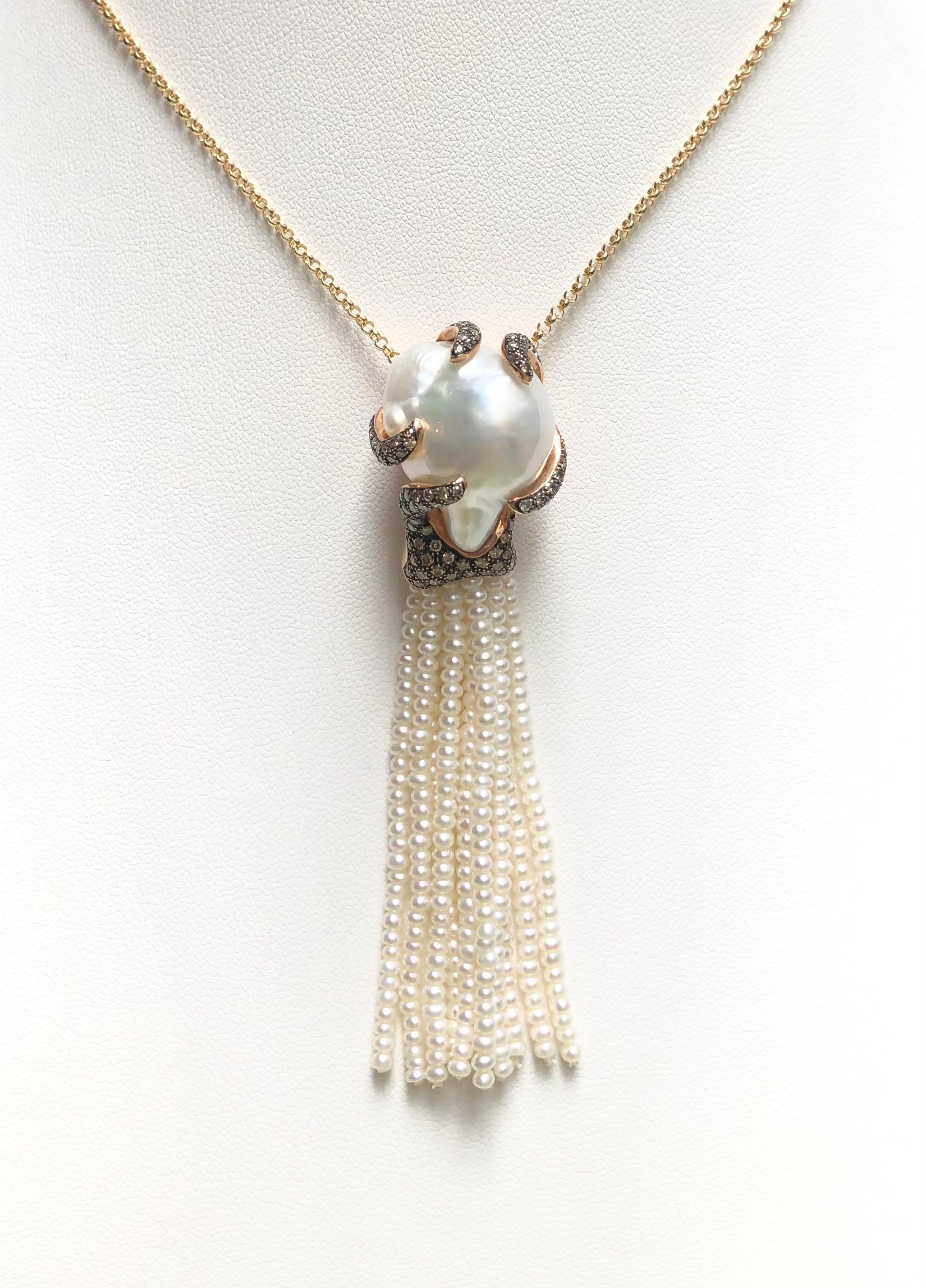 South Sea Pearl, Fresh Water Pearl and Brown Diamond 1.38 carats Pendant set in 18 Karat Rose Gold Settings
(chain not included)

Width: 2.0 cm 
Length: 8.0 cm
Total Weight: 21.78 grams

