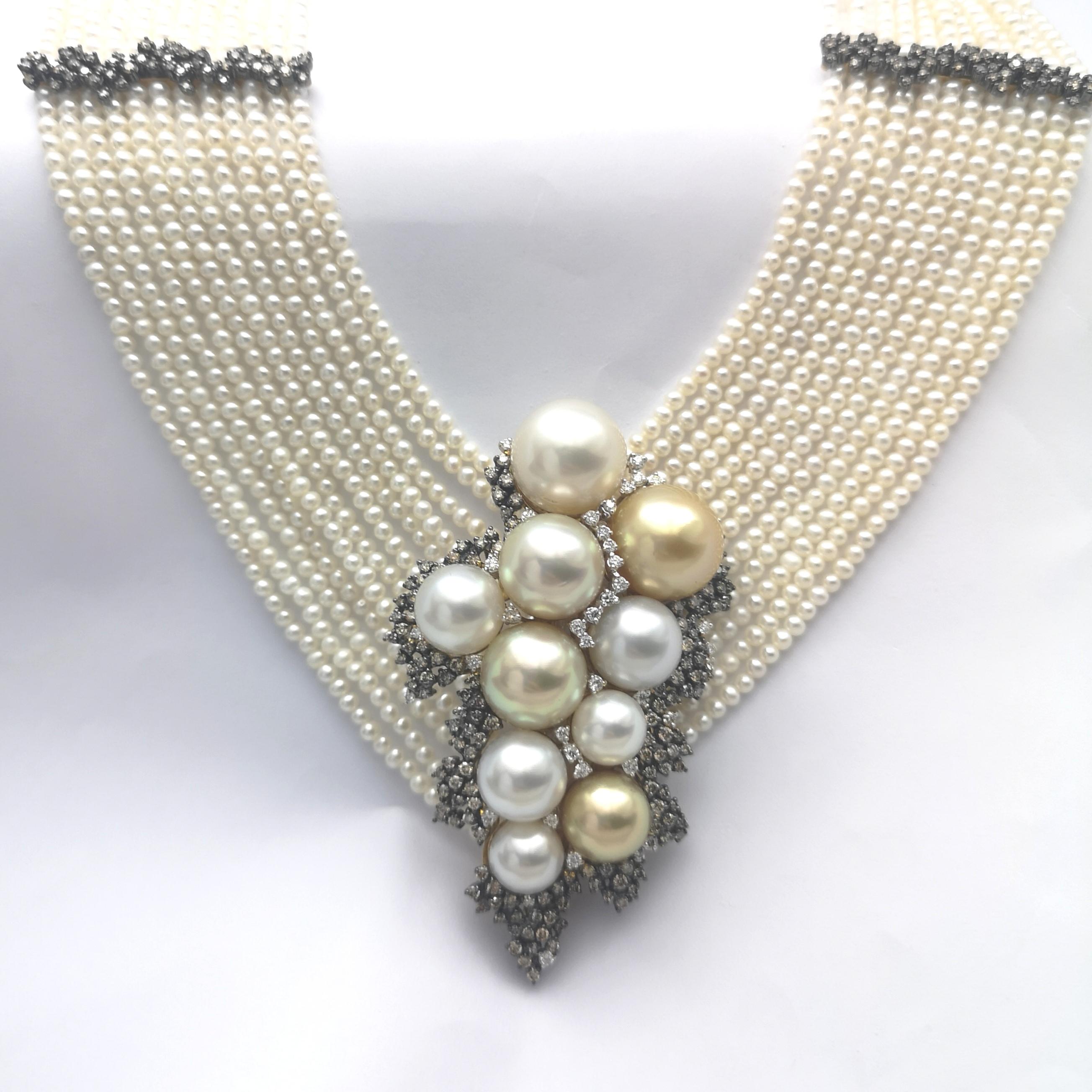 South Sea Pearl, Freshwater Pearl, Brown Diamond and Diamond Necklace in 18KGold For Sale 4