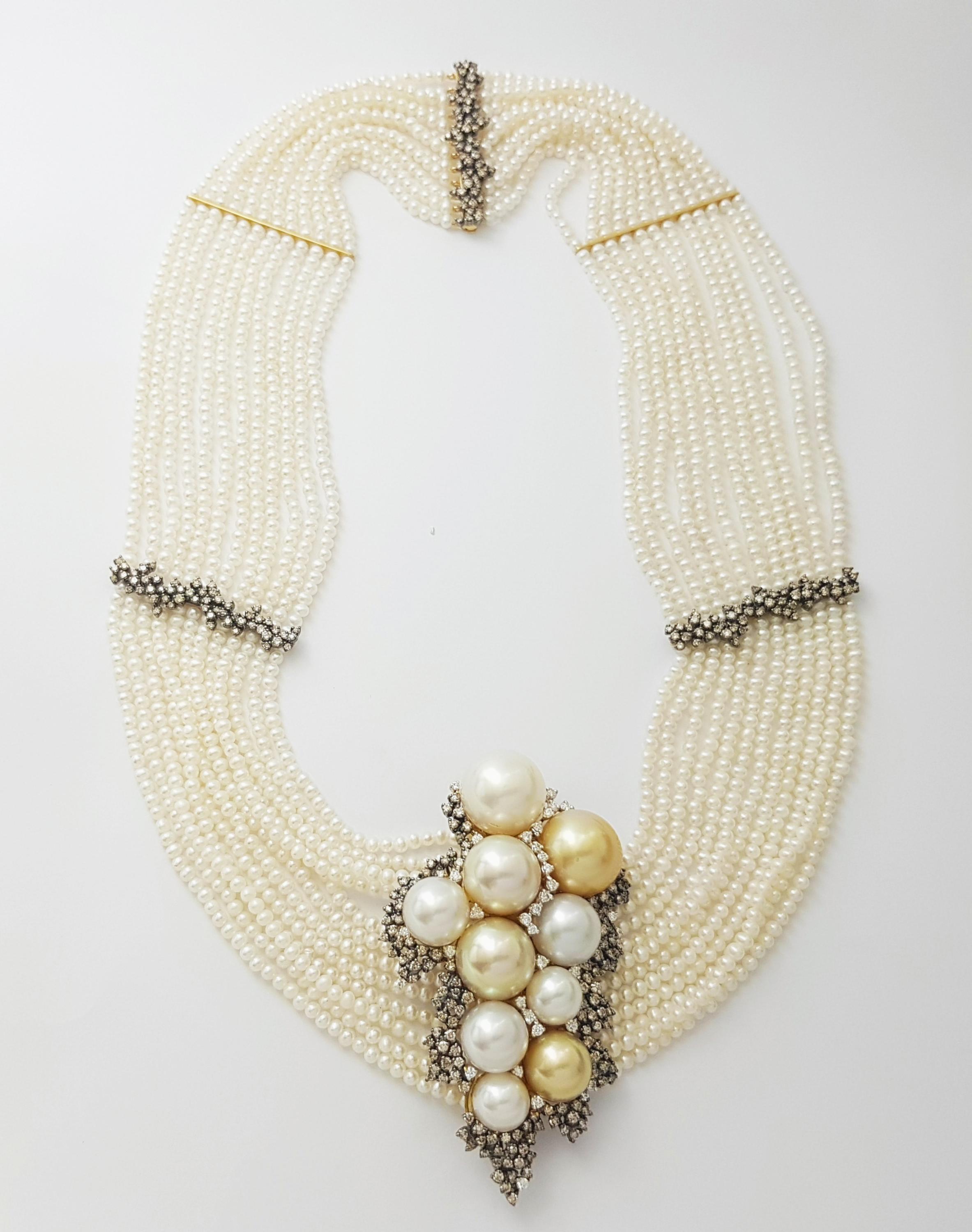Contemporary South Sea Pearl, Freshwater Pearl, Brown Diamond and Diamond Necklace in 18KGold For Sale