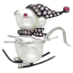 South Sea Pearl Gemstones Diamond Ski Mouse Brooch