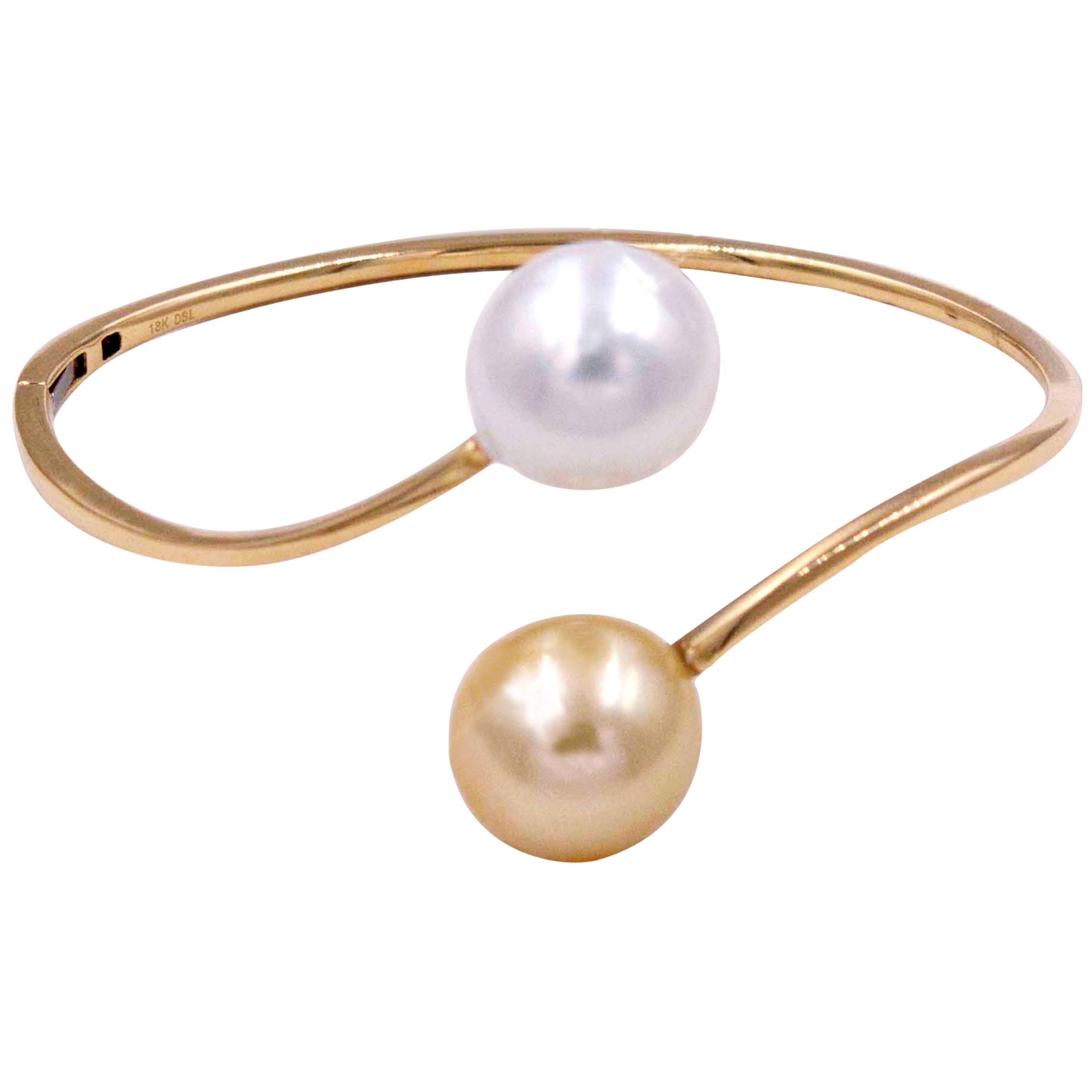 South Sea Pearl Gold Bypass Bangle Bracelet 18 Karat Yellow Gold For Sale