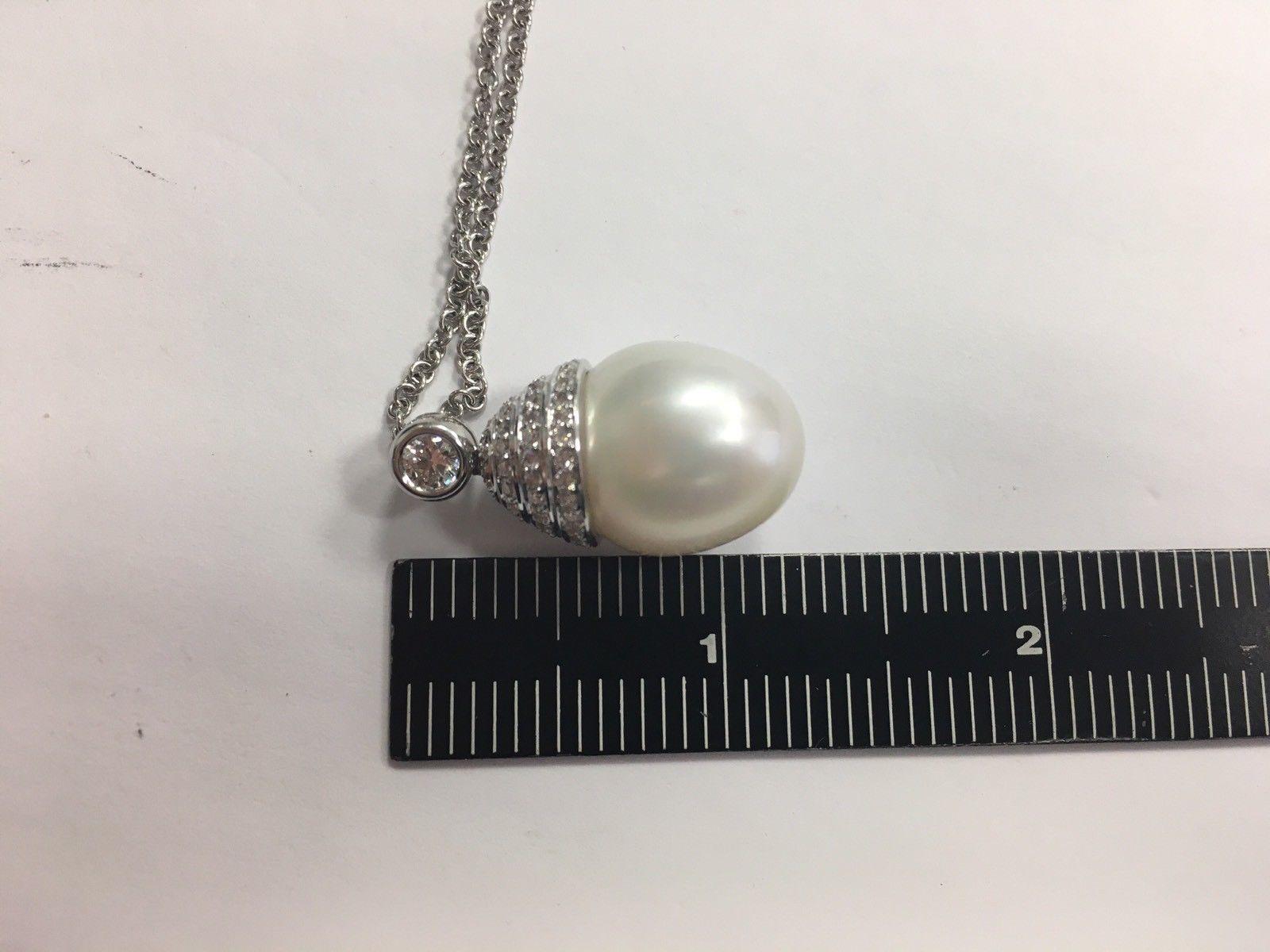 Women's South Sea Pearl Gold Pendant 1.60 Carat Natural Colorless RBC Diamond Necklace