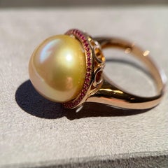 Eostre Golden South Sea Pearl and Ruby Pendant Ring in 18K Rose Gold