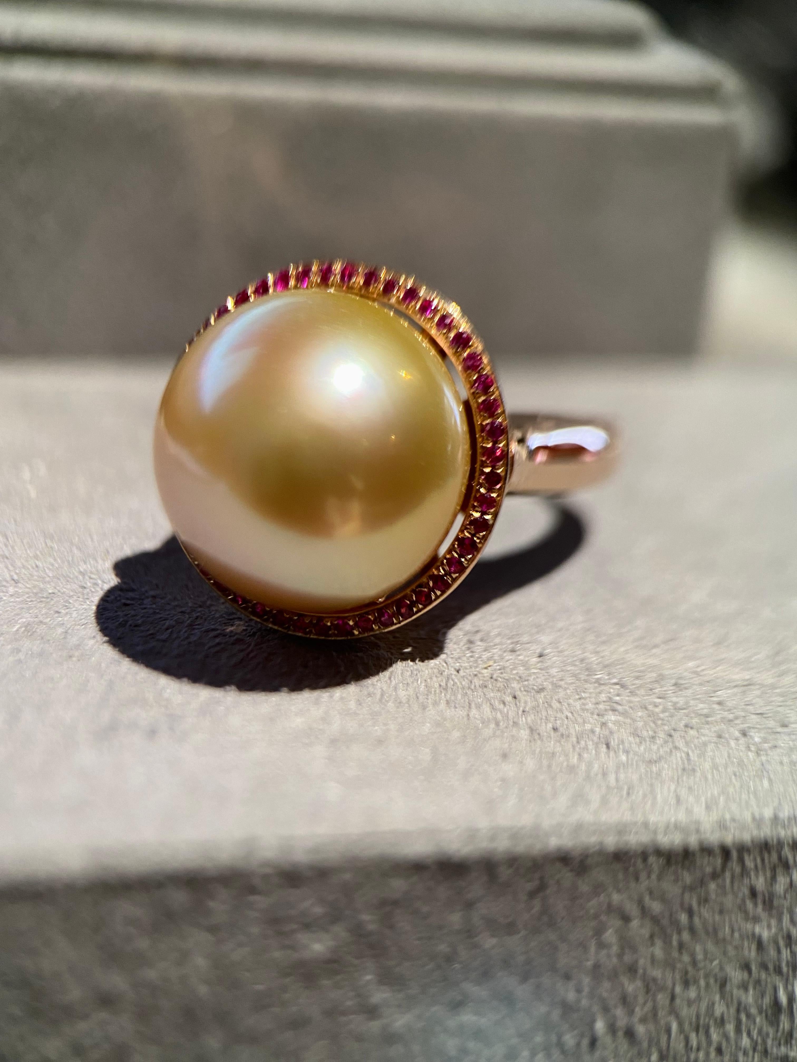 Contemporary Eostre Golden South Sea Pearl and Ruby Pendant Ring in 18K Rose Gold  For Sale