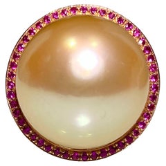 Eostre Golden South Sea Pearl and Ruby Pendant Ring in 18K Rose Gold 