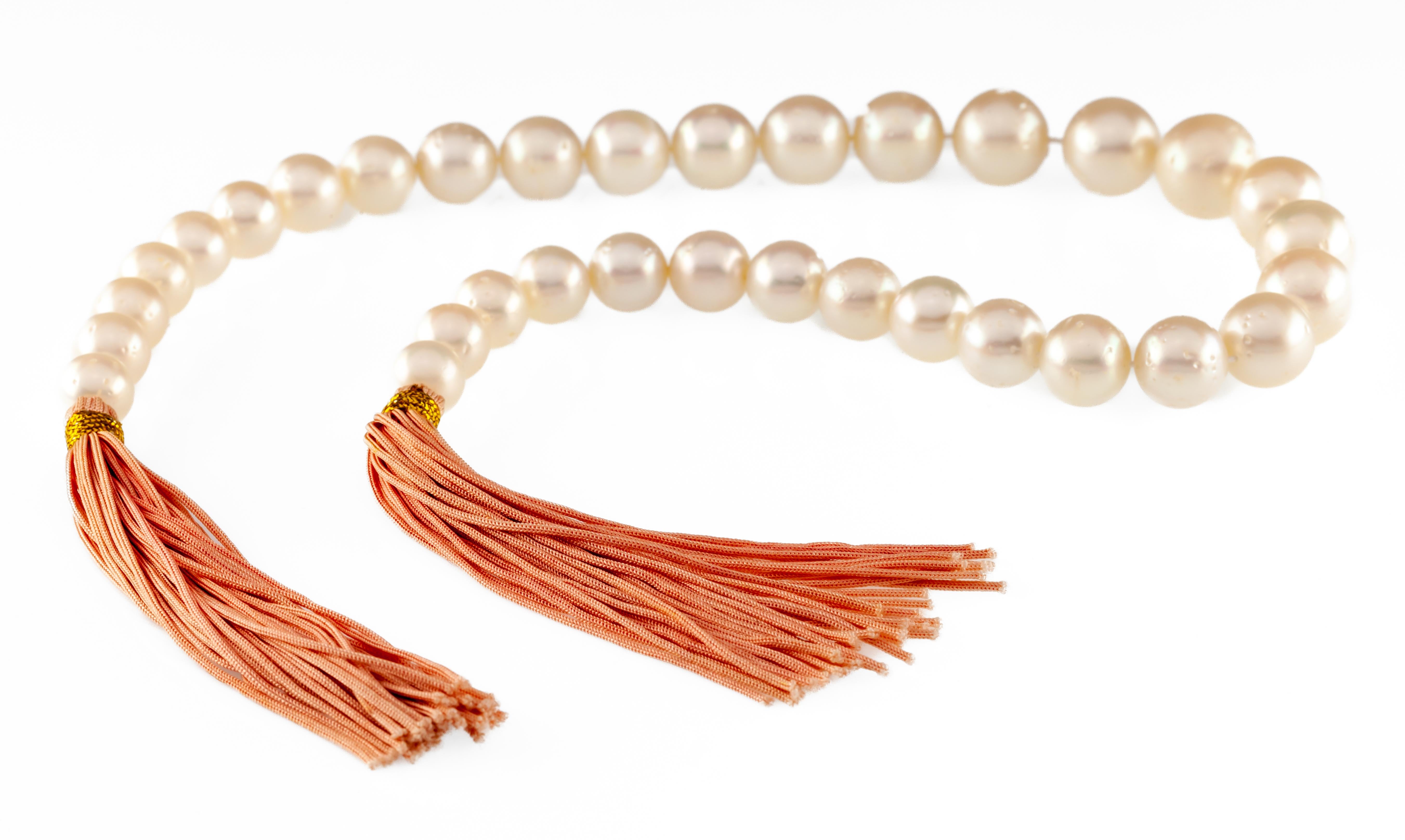 One graduated single cultured pearl strand unknotted
Containing Thirty-Three south sea cultured pearls
11.0 - 16.0 mm in size
The pearls are white in color and exhibiting orient with a medium luster, medium nacre, mostly round, spotted with good