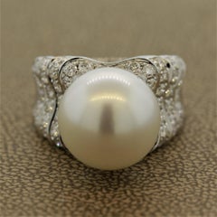 South Sea Pearl Half Circle Diamond Gold Ring