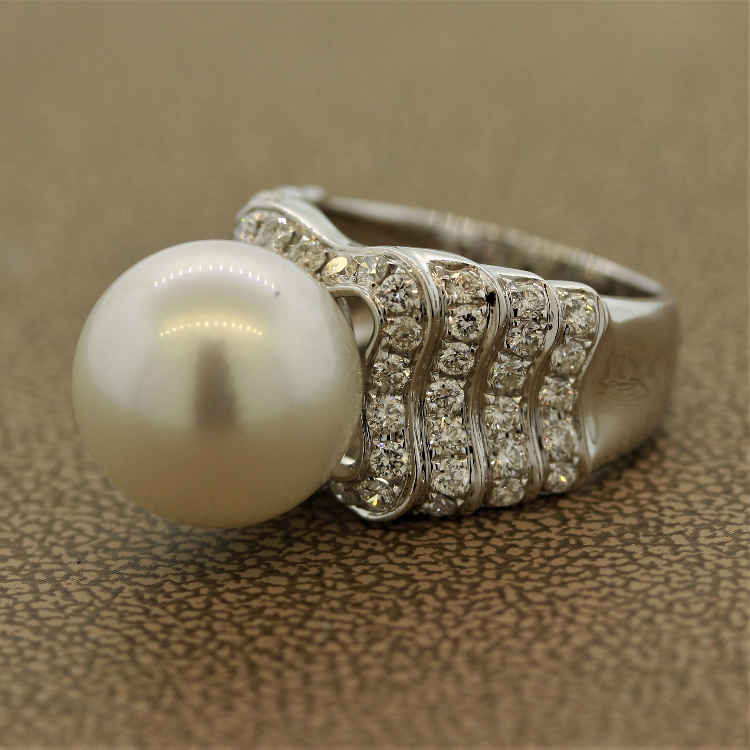 Round Cut South Sea Pearl Half Circle Diamond Gold Ring For Sale