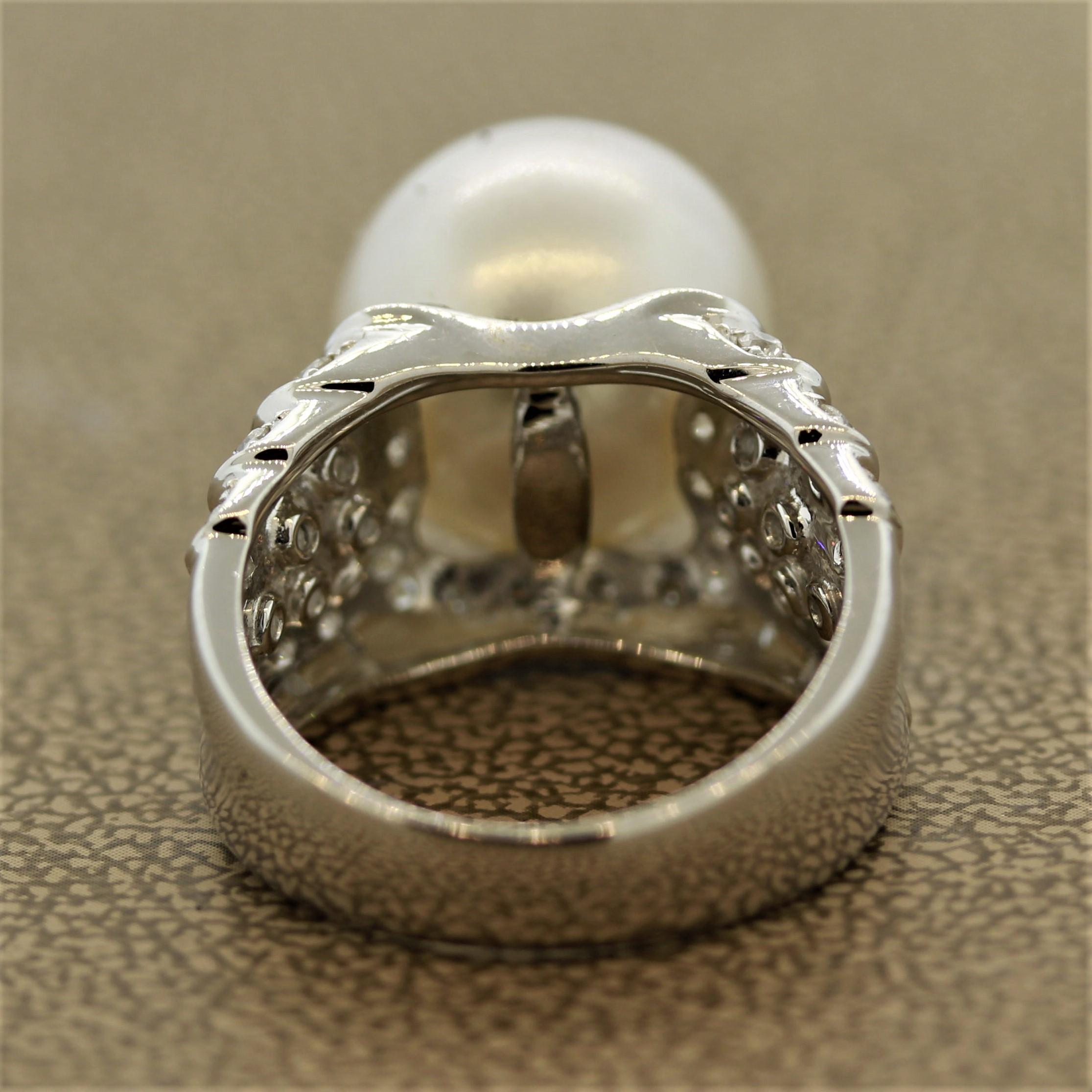 Women's South Sea Pearl Half Circle Diamond Gold Ring For Sale