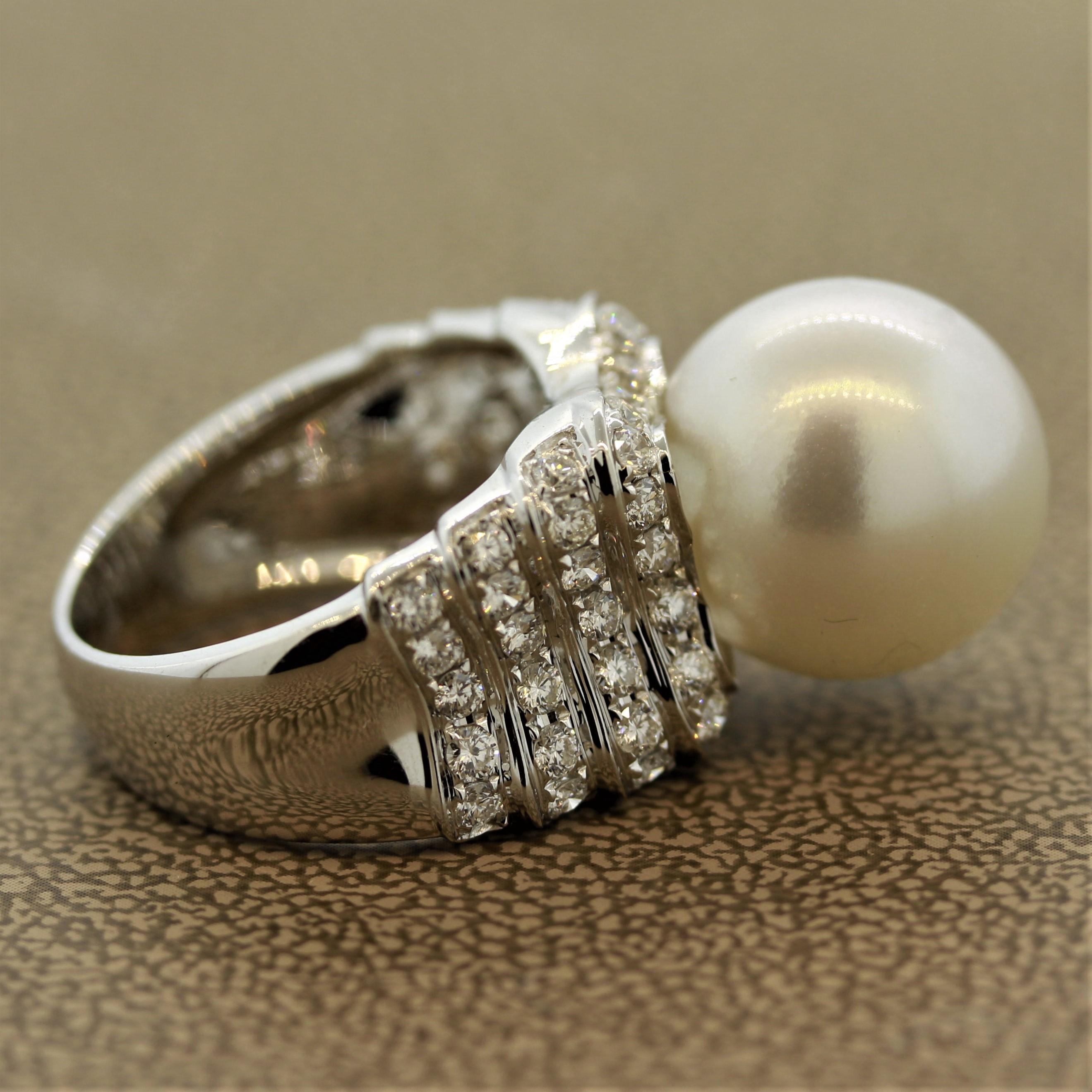 South Sea Pearl Half Circle Diamond Gold Ring For Sale 1