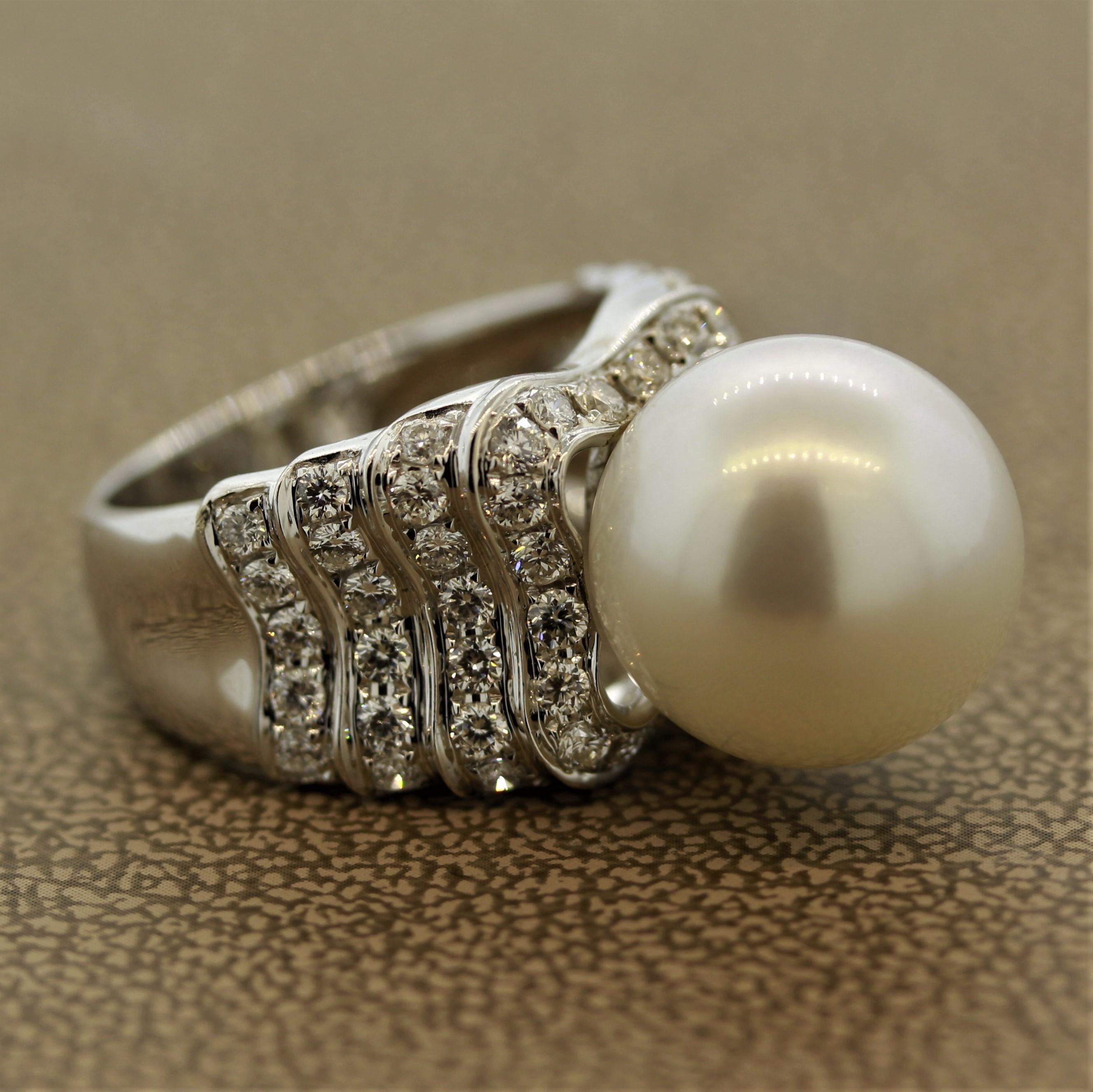 South Sea Pearl Half Circle Diamond Gold Ring For Sale 2