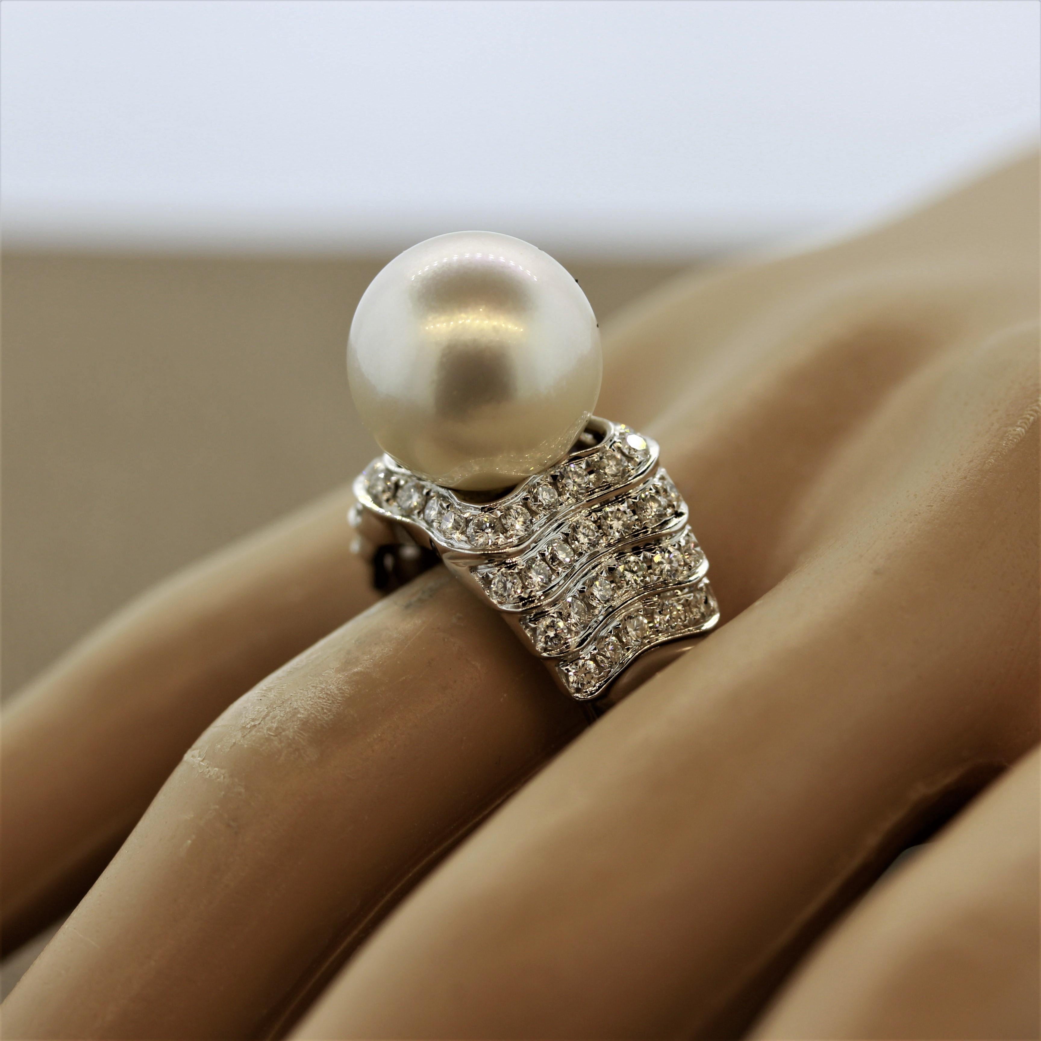 South Sea Pearl Half Circle Diamond Gold Ring For Sale 3