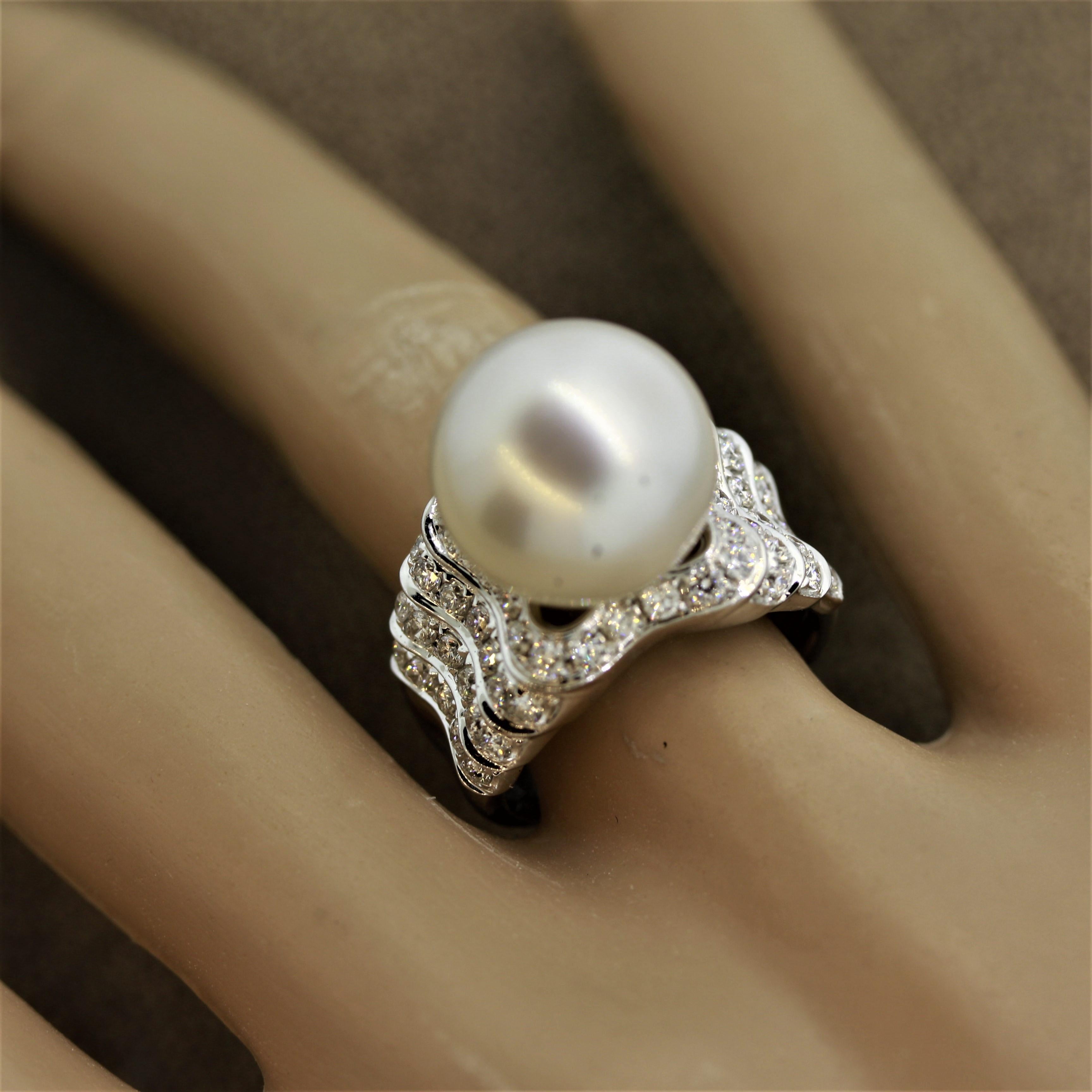 South Sea Pearl Half Circle Diamond Gold Ring For Sale 4