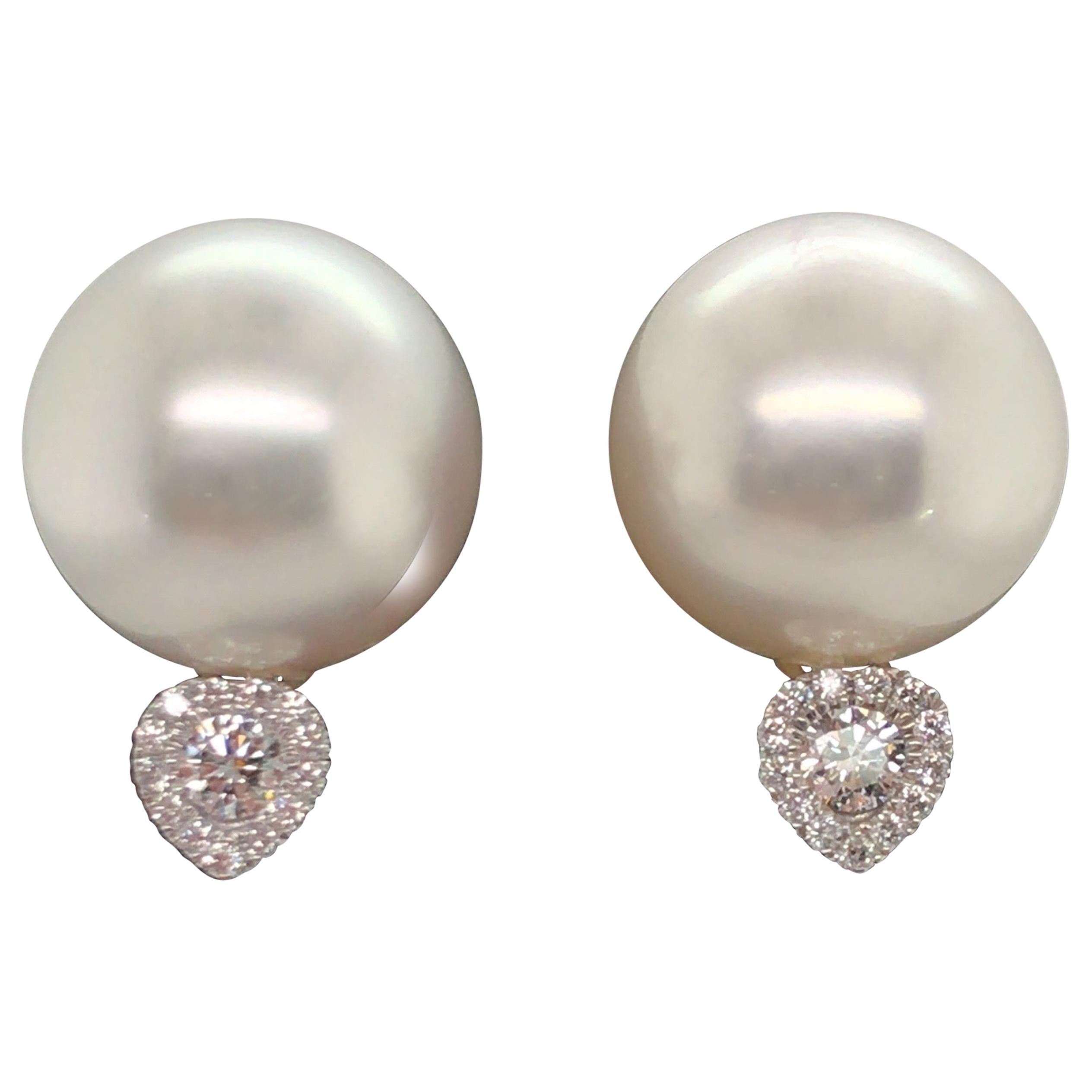 South Sea Pearl Heart Shape Diamond Earrings 0.17 Carat 18 Karat White Gold For Sale