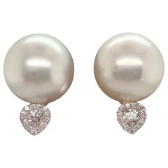 South Sea Pearl Heart Shape Diamond Earrings 0.17 Carat 18 Karat White Gold