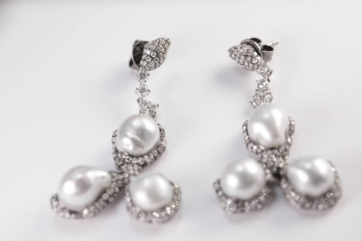 Contemporary South Sea Pearl Icy and White Diamond Gold Earrings For Sale