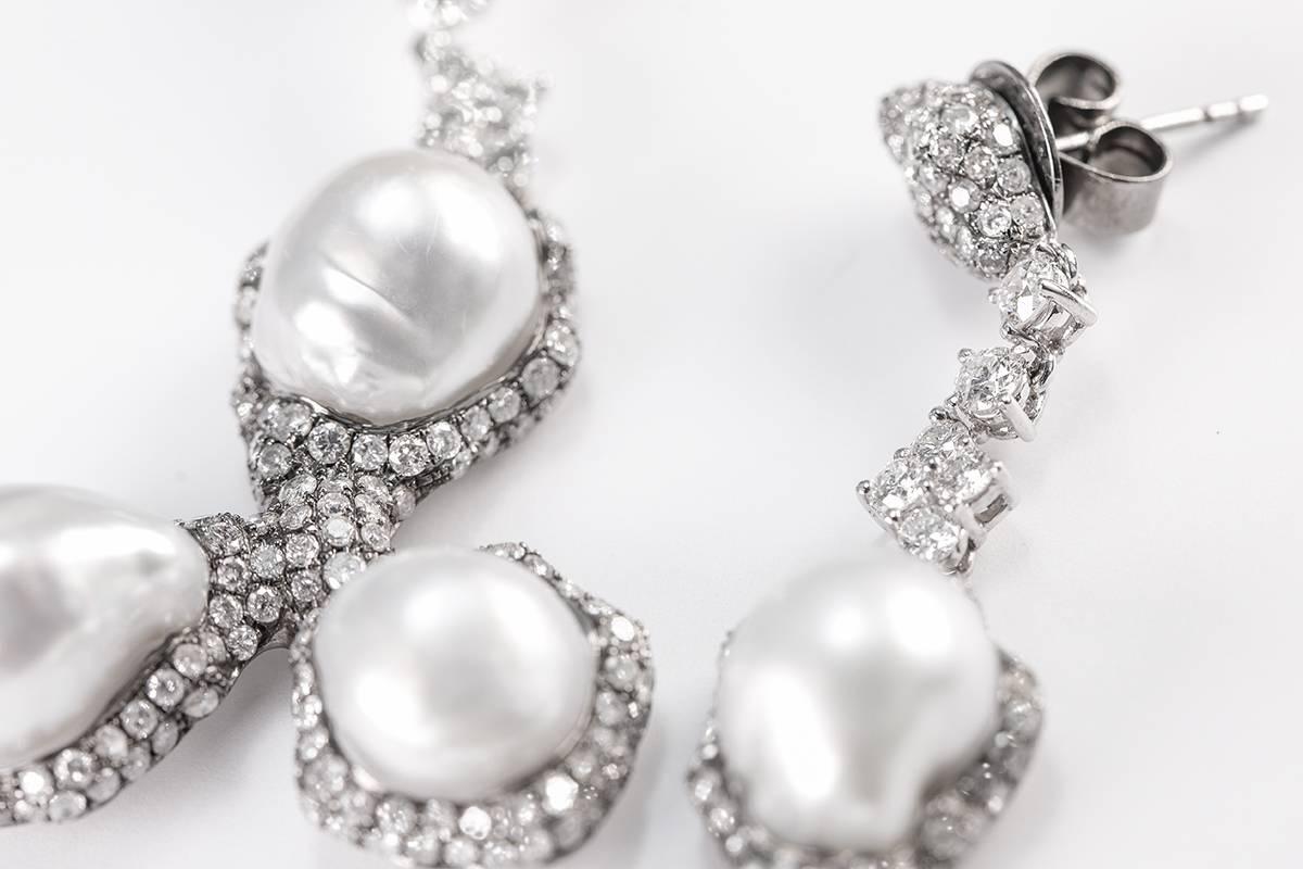 Round Cut South Sea Pearl Icy and White Diamond Gold Earrings For Sale