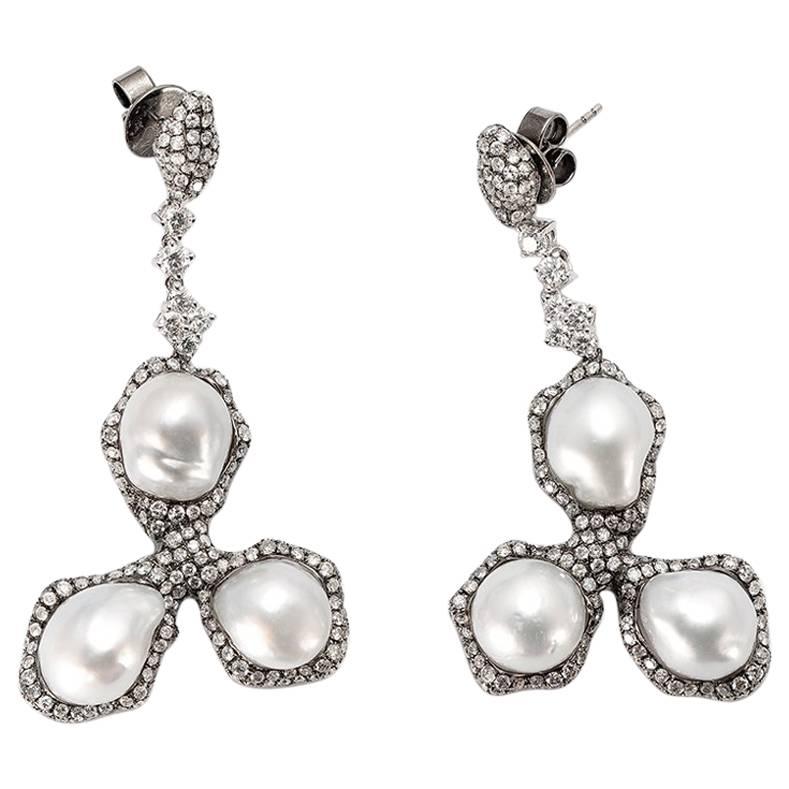 South Sea Pearl Icy and White Diamond Gold Earrings For Sale
