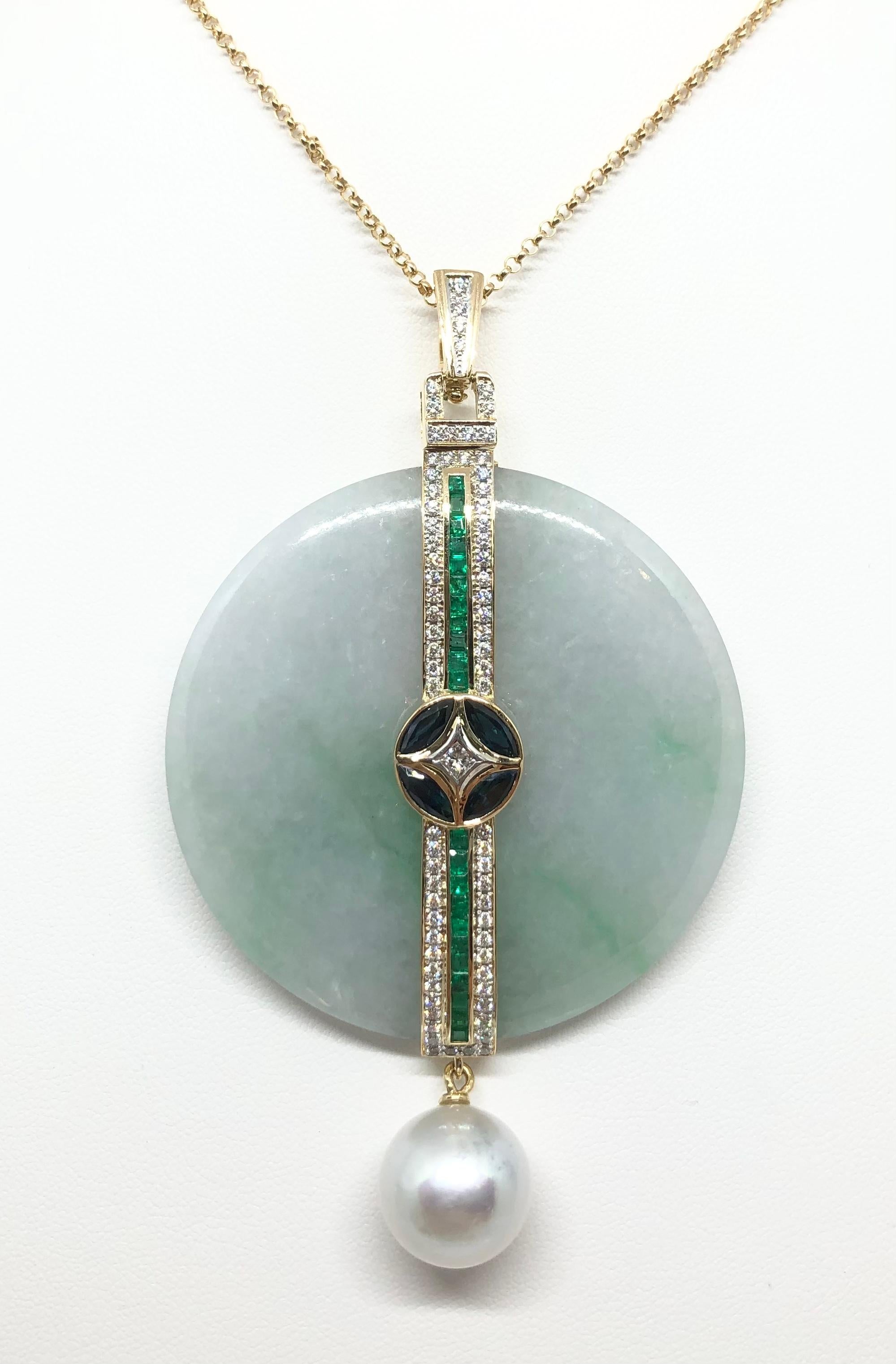 South Sea Pearl, Jade 186.39 carats, Emerald 0.67 carat, Diamond 0.84 carat and Blue Sapphire 1.84 carat Pendant set in 18 Karat Gold Settings
(chain not included)

Width: 5.4 cm 
Length: 9.2 cm
Total Weight: 54.93 grams

South Sea Pearl: 14 mm

