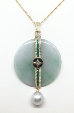 South Sea Pearl, Jade, Emerald, Diamond 0.84 Carat Pendant Set in 18 Karat Gold