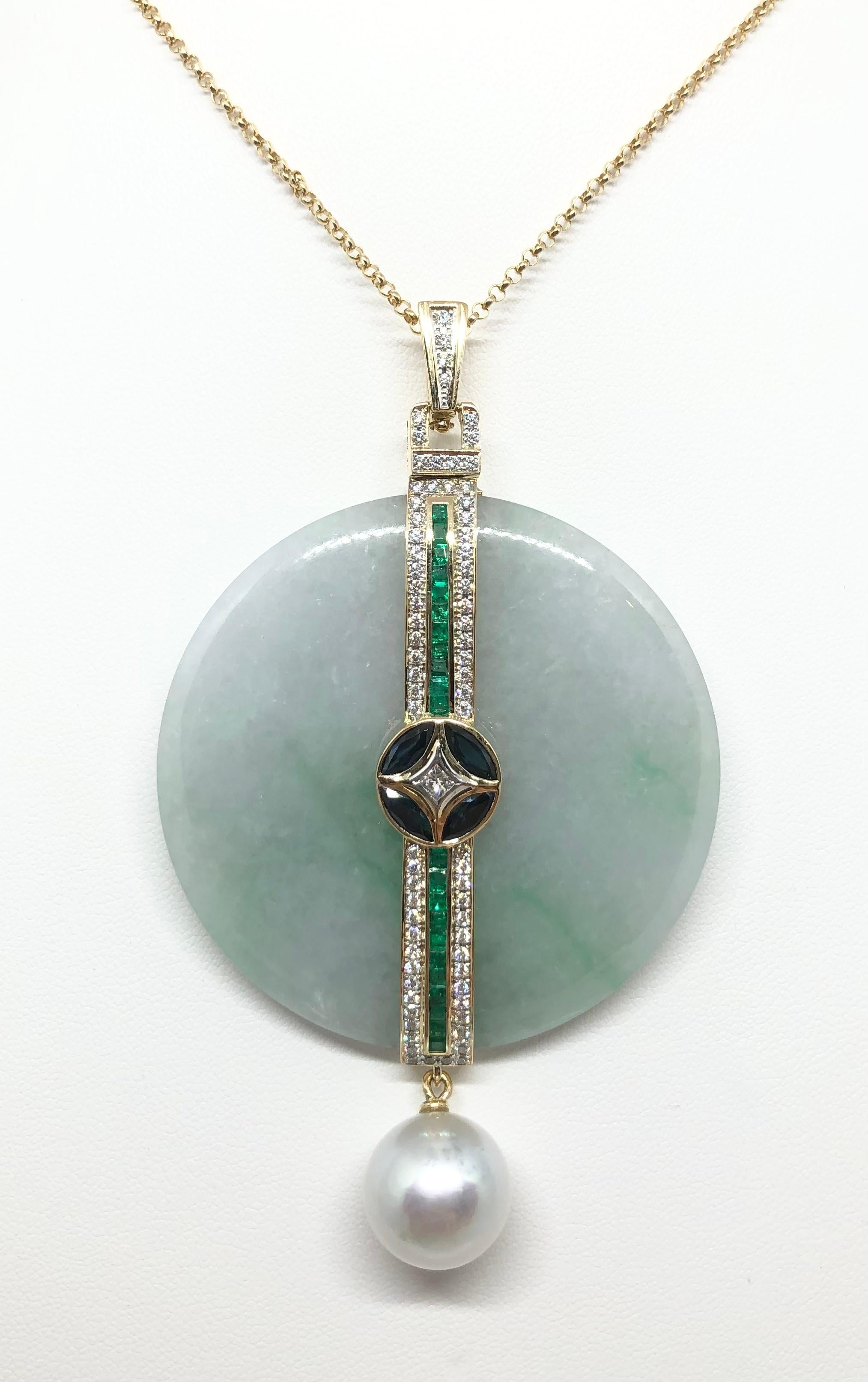 Mixed Cut South Sea Pearl, Jade, Emerald, Diamond 0.84 Carat Pendant Set in 18 Karat Gold For Sale