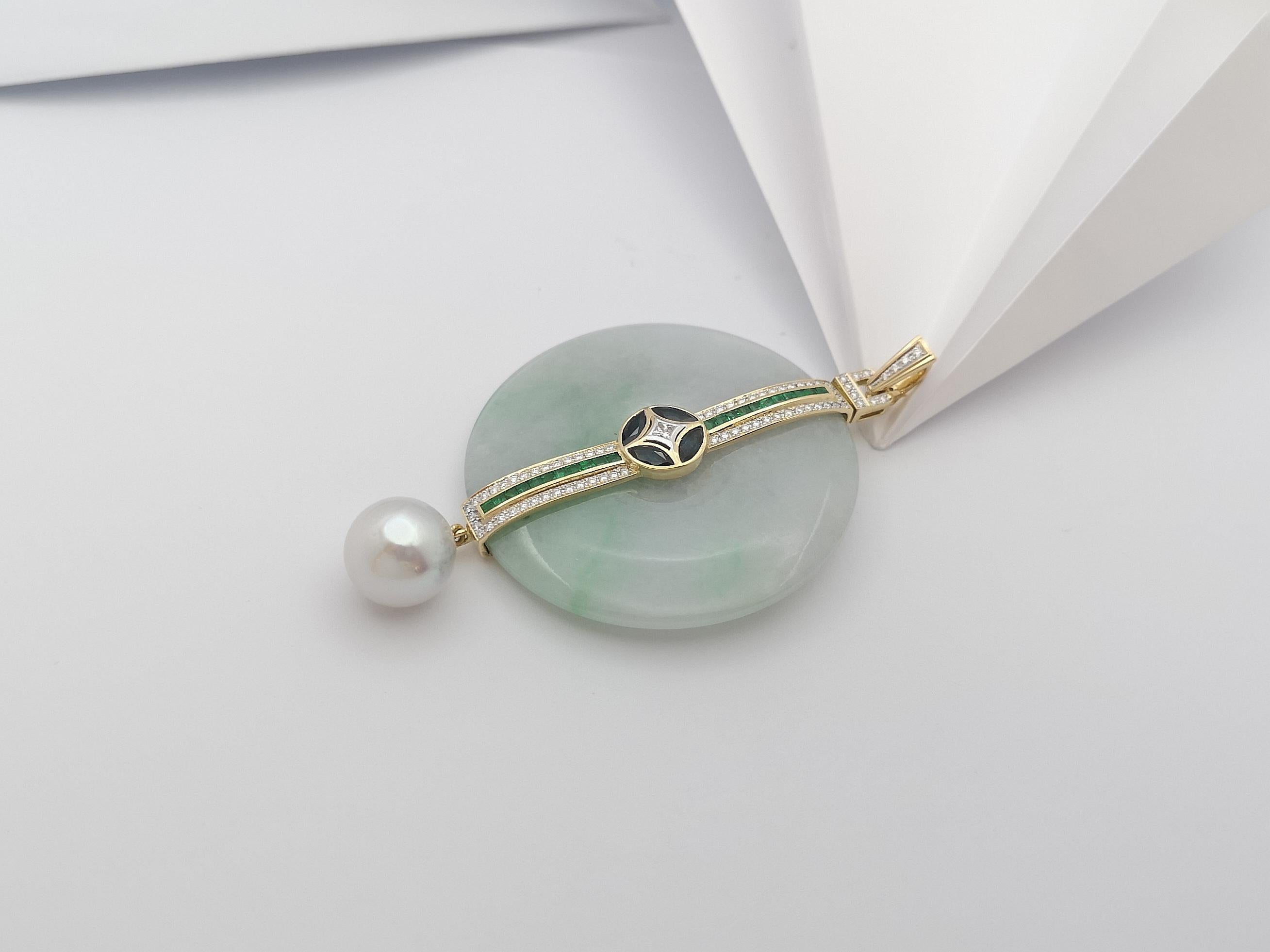 Women's South Sea Pearl, Jade, Emerald, Diamond 0.84 Carat Pendant Set in 18 Karat Gold For Sale
