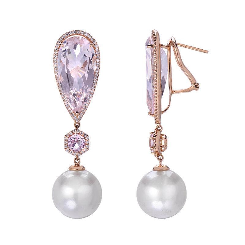 These marvelous earrings are one of a kind. 15.40 carats of kunzite, pear and round cut, are haloed by 0.68 carats of round brilliant diamonds. Lustrous 13.5 mm white South Sea pearls elegantly make the bottom drop of the 18K rose gold earrings. 