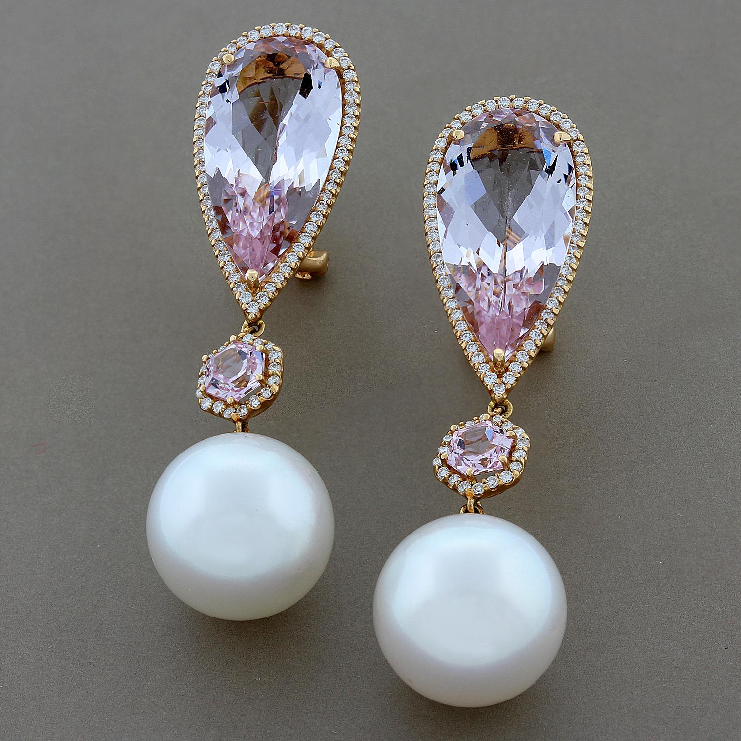 South Sea Pearl Kunzite Diamond Gold Drop Earrings In New Condition In Beverly Hills, CA