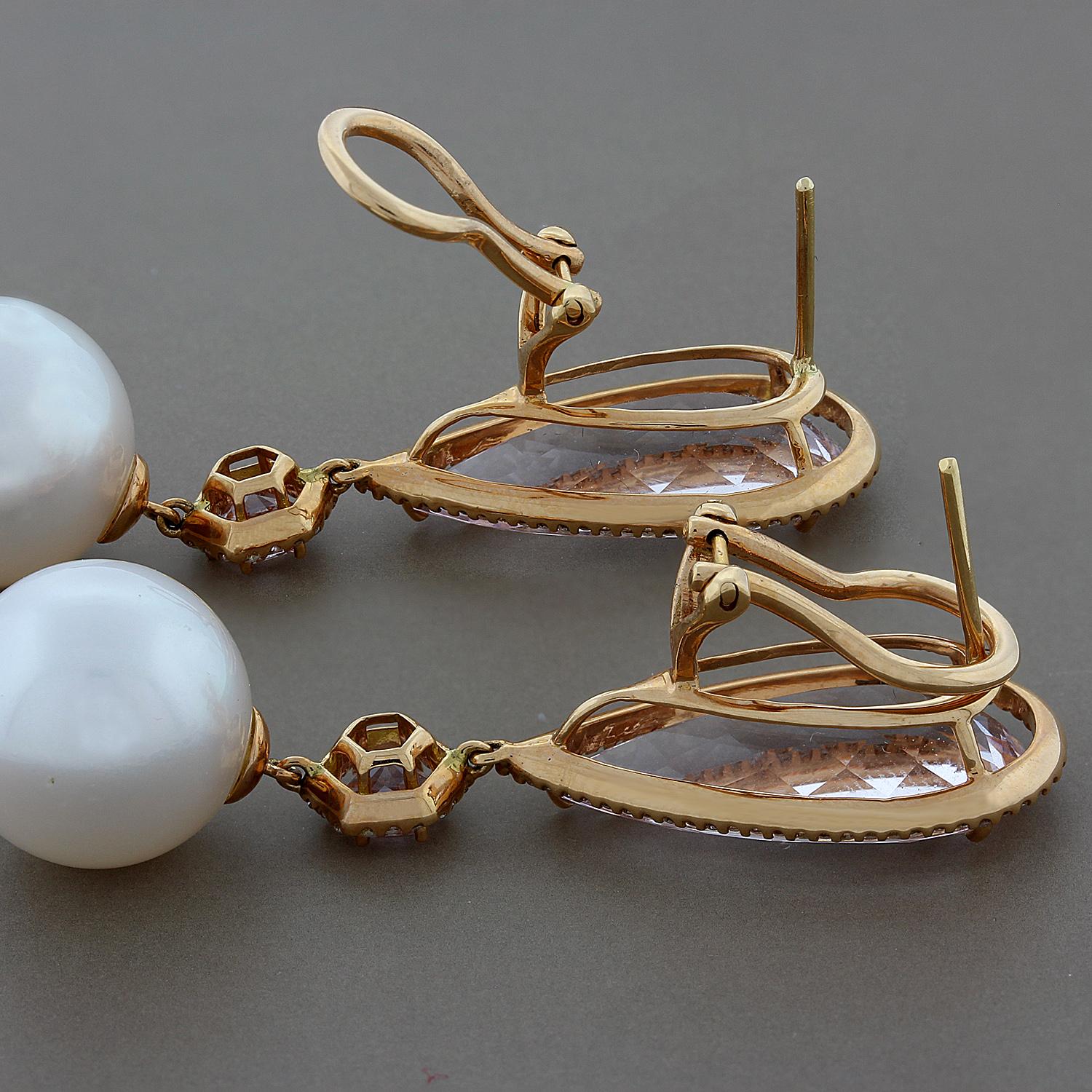 Women's South Sea Pearl Kunzite Diamond Gold Drop Earrings