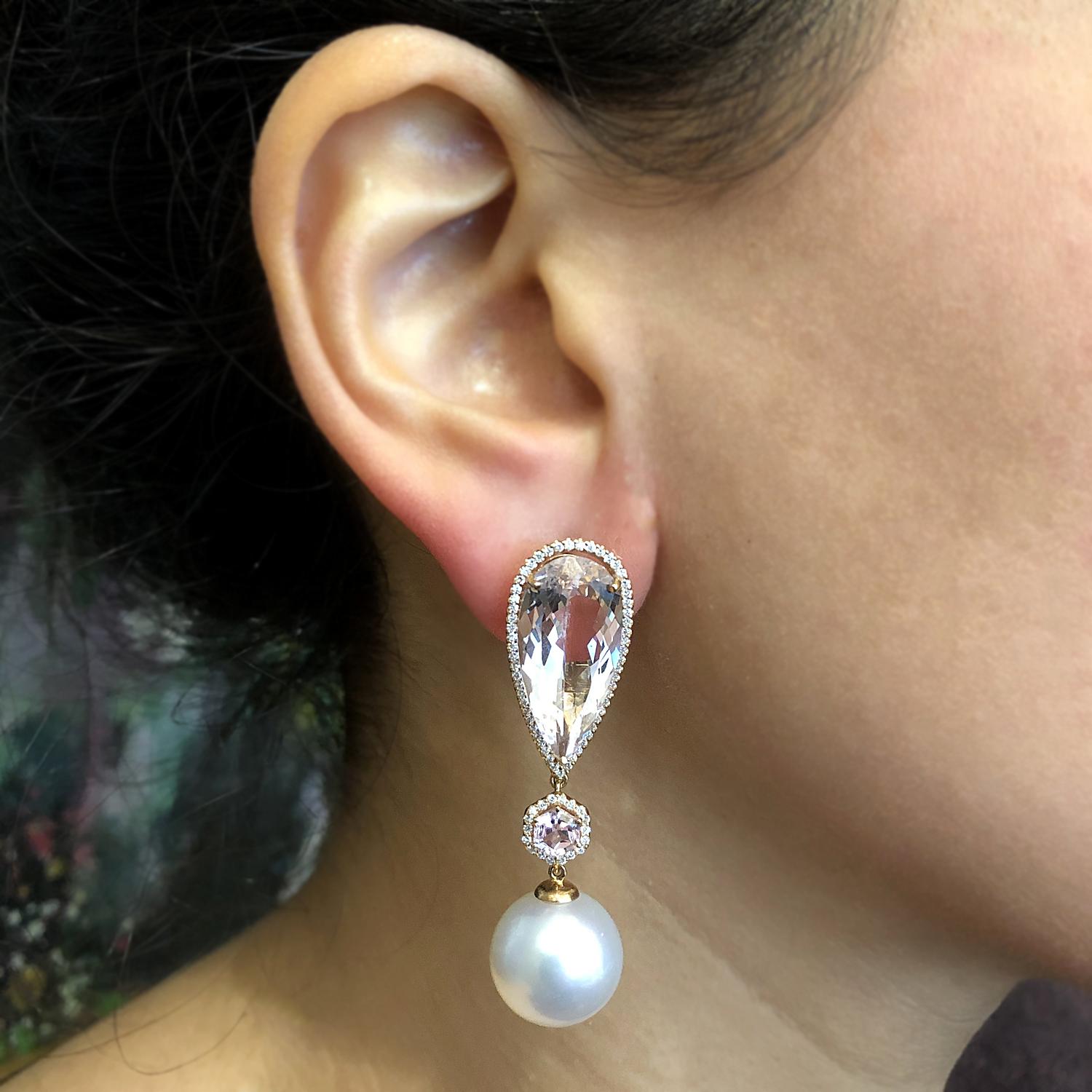 South Sea Pearl Kunzite Diamond Gold Drop Earrings 1