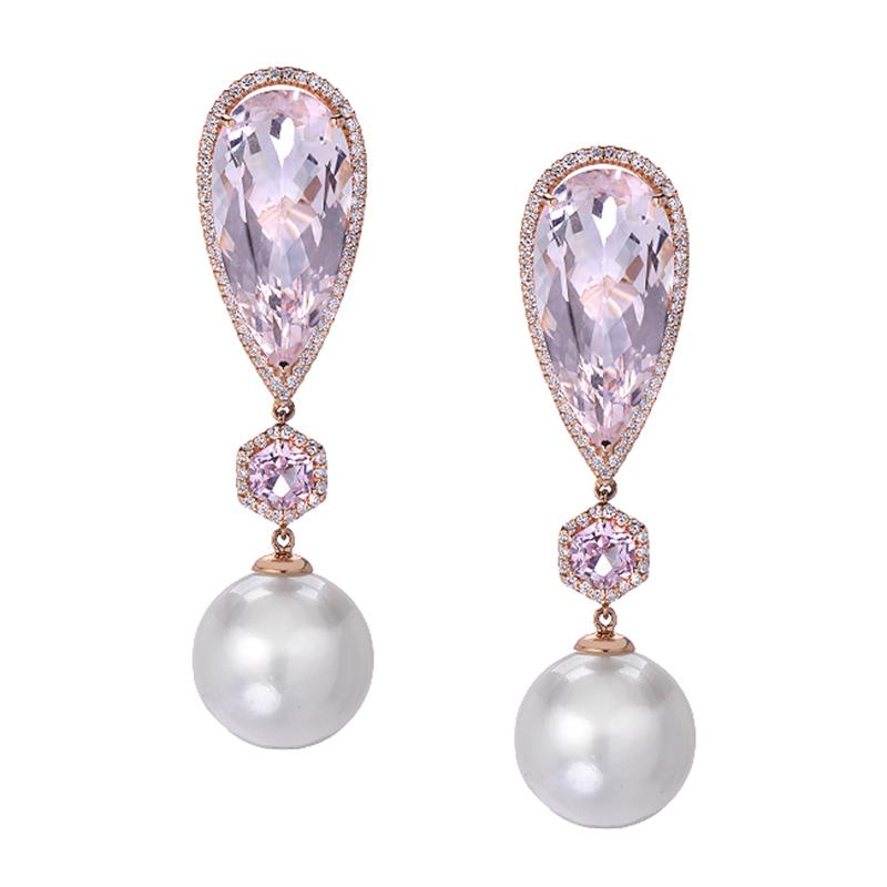 South Sea Pearl Kunzite Diamond Gold Drop Earrings