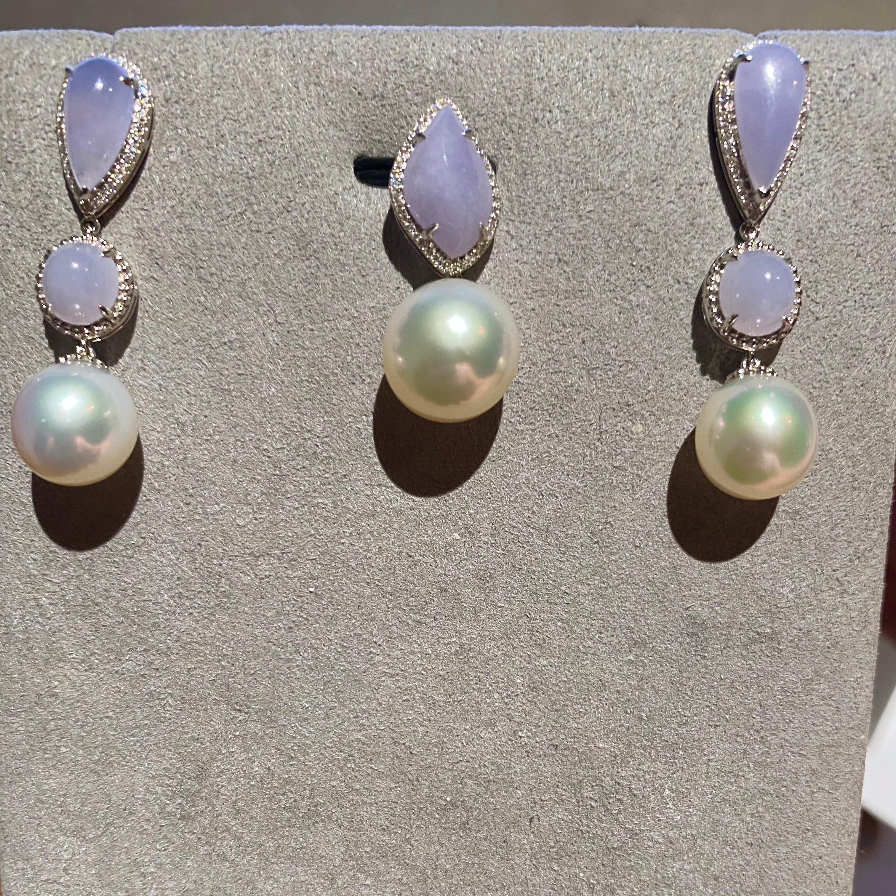 Contemporary Eostre South Sea Pearl, Lavender Jadeite and Diamond White Gold Jewels Suite  For Sale