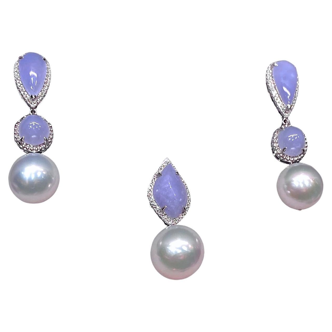Eostre South Sea Pearl, Lavender Jadeite and Diamond White Gold Jewels Suite  For Sale