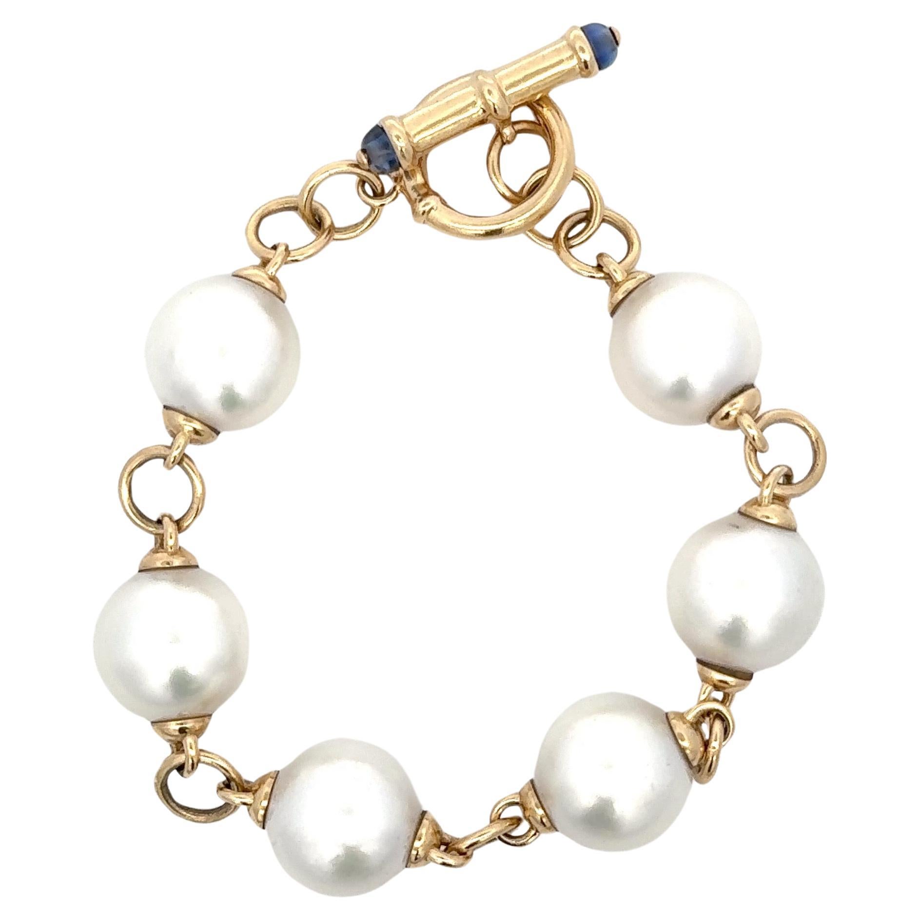 South Sea Pearl Link Toggle Bracelet 13.5 MM 14 Karat Yellow Gold 37.1 Grams 