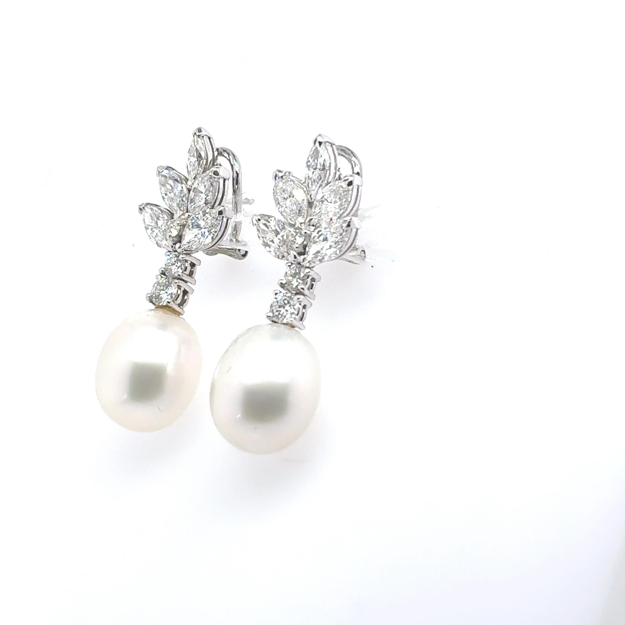 Orecchini con perle dei mari del sud, diamanti rotondi e marquise 4,32 carati in vendita 4