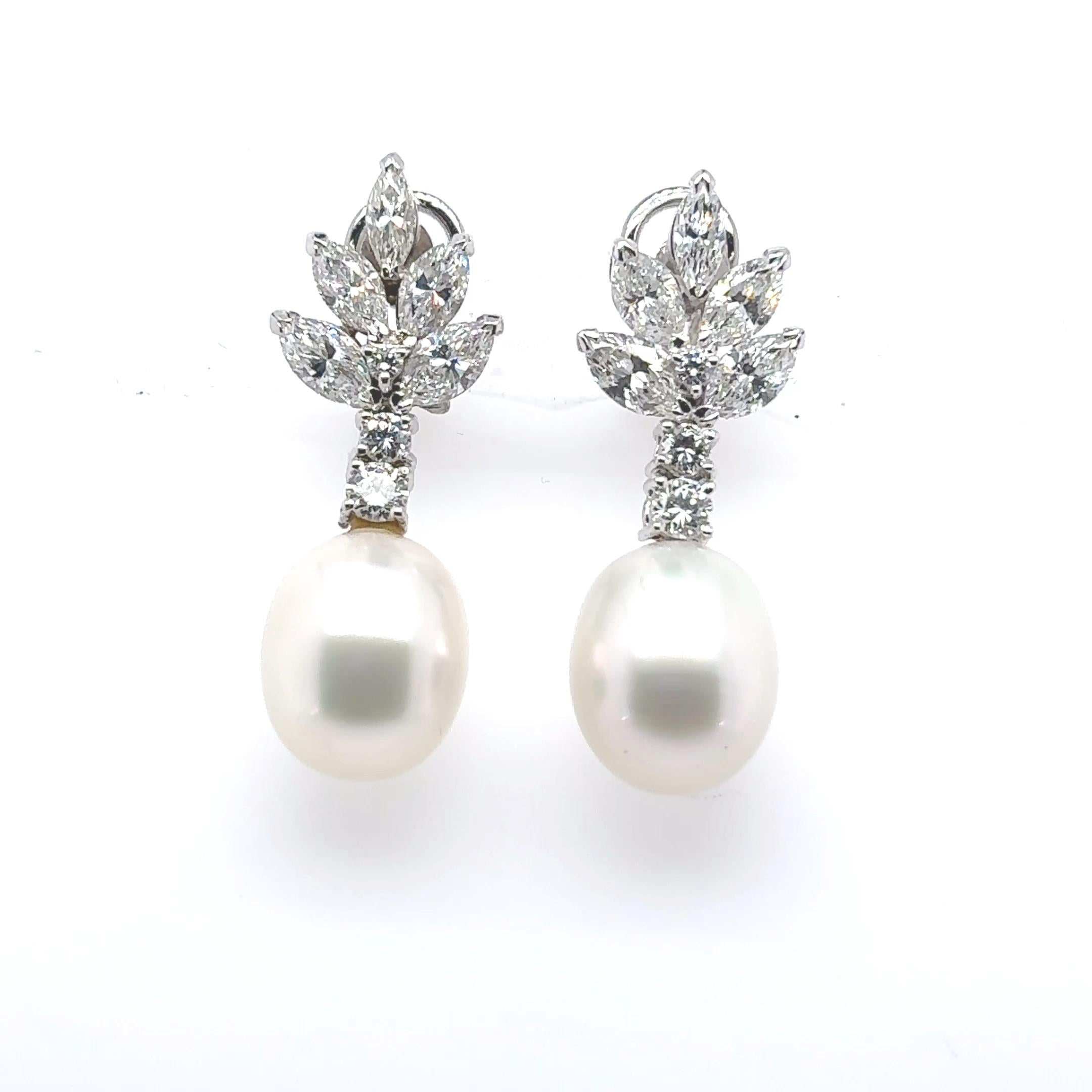 Orecchini con perle dei mari del sud, diamanti rotondi e marquise 4,32 carati In condizioni Nuovo in vendita a Hong Kong, HK